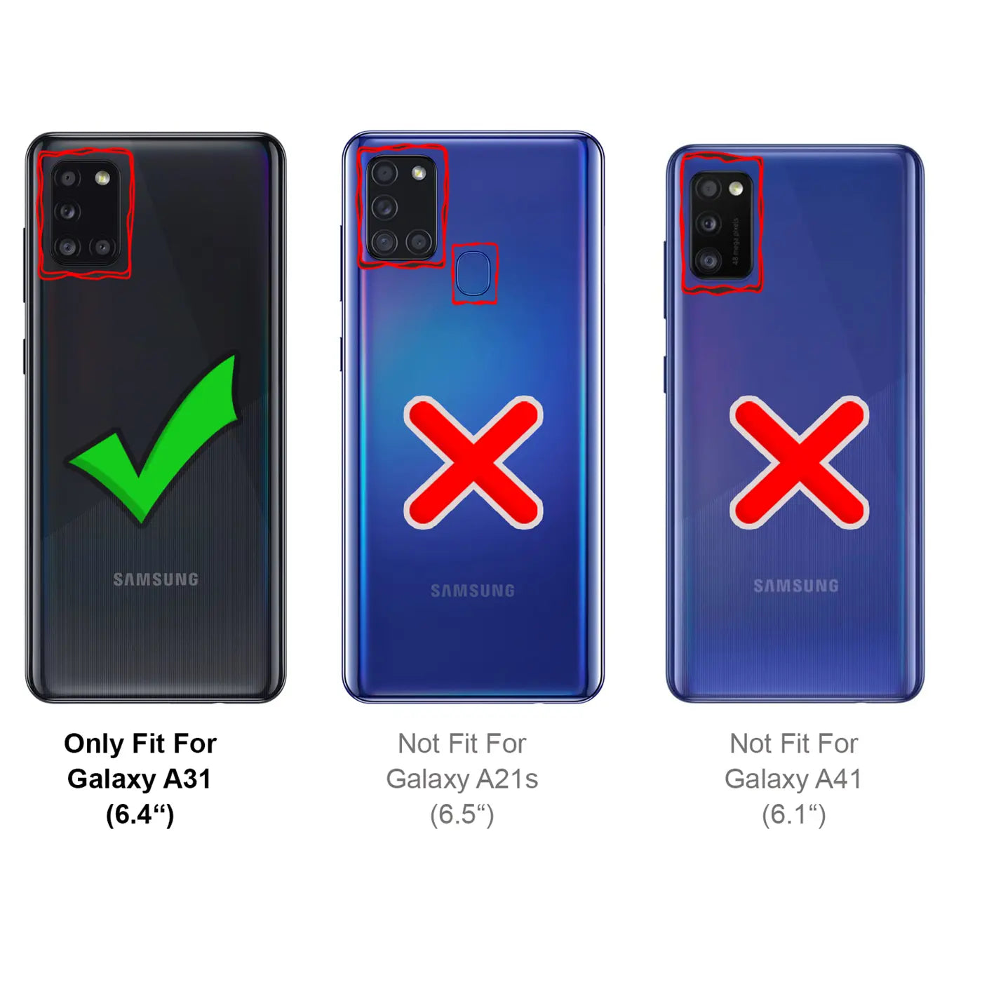 Rückansicht Samsung Galaxy A31 (links) mit Häkchen, A21s & A41 (rechts) mit Kreuzen.