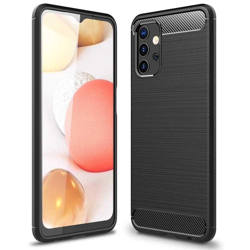 Schwarze Carbon-Hülle, von vorne und hinten gezeigt, für Samsung Galaxy A32 5G.