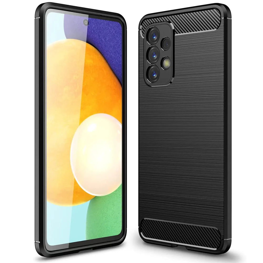 Schwarze Carbon-Hülle für Samsung Galaxy A33 5G, von vorne und hinten gezeigt.