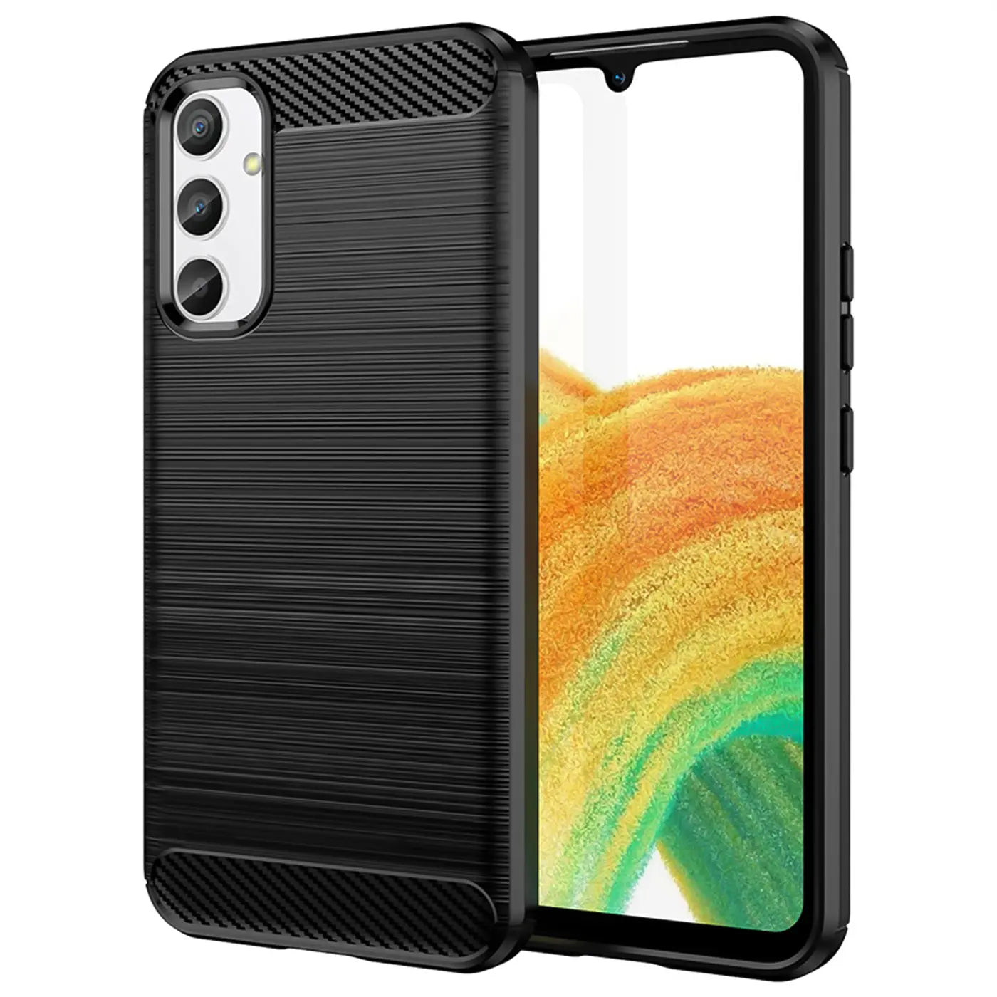 Schwarze Carbon-Hülle, von vorne links, mit Samsung Galaxy A34 5G.