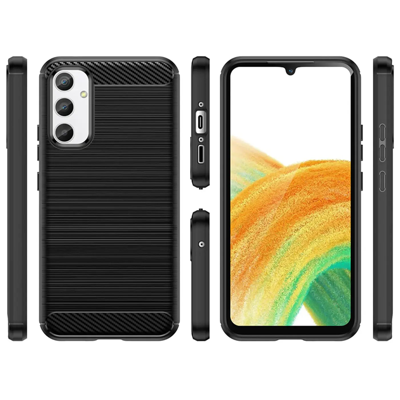 Schwarze Carbon-Hülle, verschiedene Ansichten, mit Samsung Galaxy A34 5G.