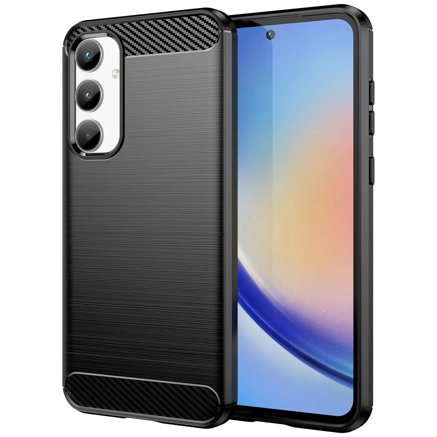 Schwarze Carbon-Hülle mit gebürsteter Textur, seitliche Ansicht, zeigt Samsung Galaxy A35 5G.