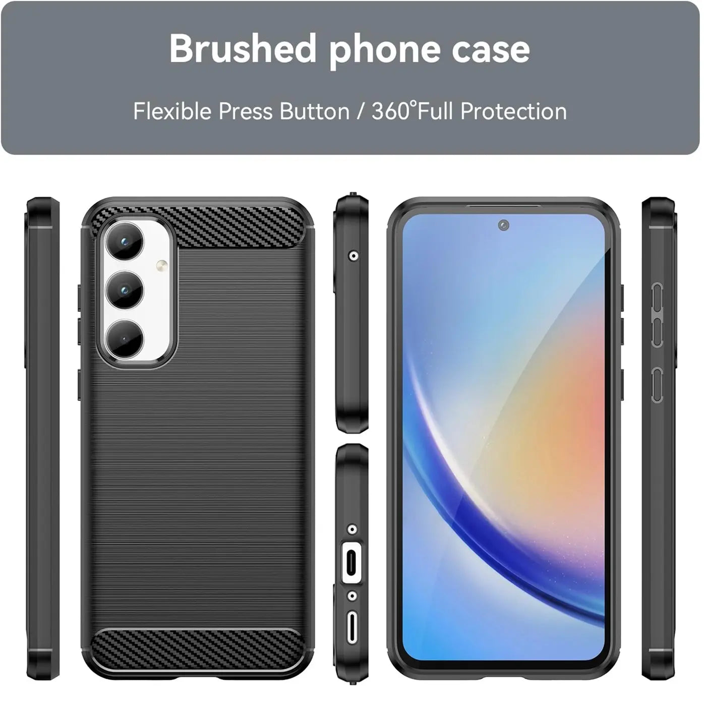 Schwarze Carbon-Hülle, verschiedene Ansichten, Samsung Galaxy A35 5G.