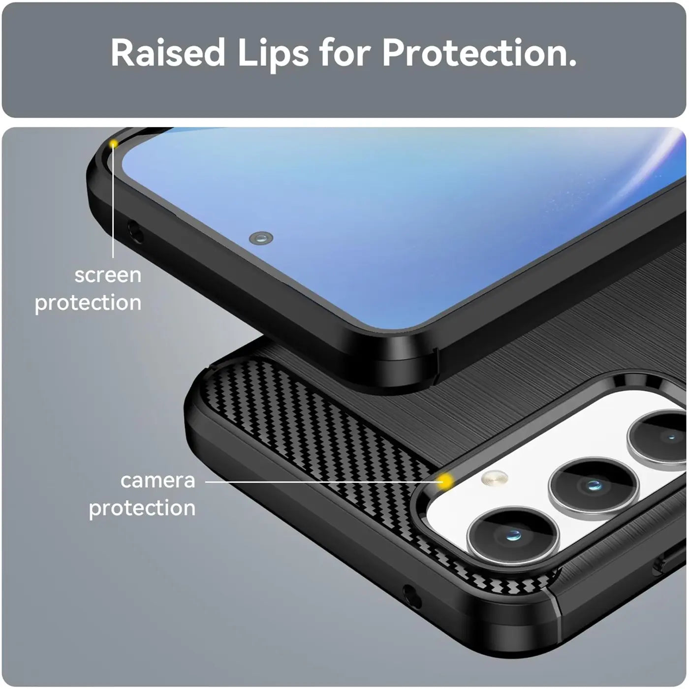 Schwarze Carbon-Hülle mit erhöhten Rändern für Displayschutz, Nahaufnahme des Samsung Galaxy A35 5G.
