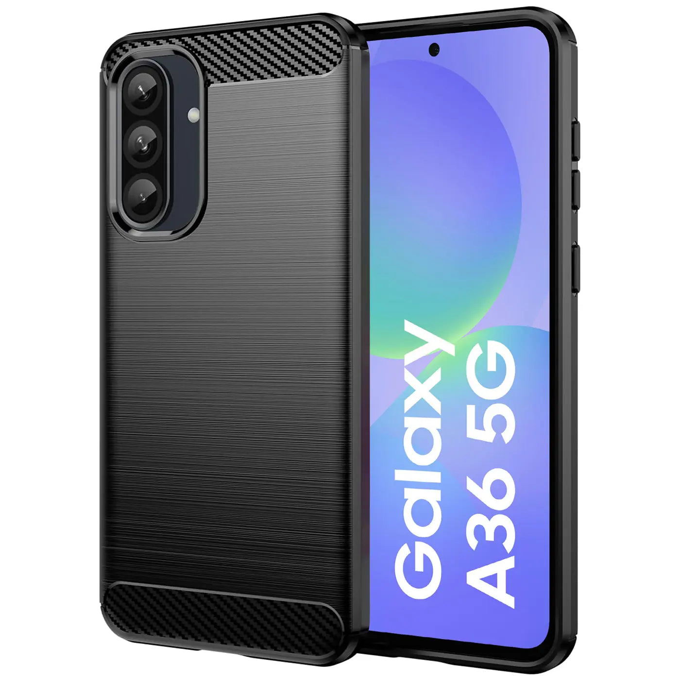 Schwarze Carbon-Hülle mit gebürsteter Textur, schräg von vorne, zeigt Samsung Galaxy A36 5G.