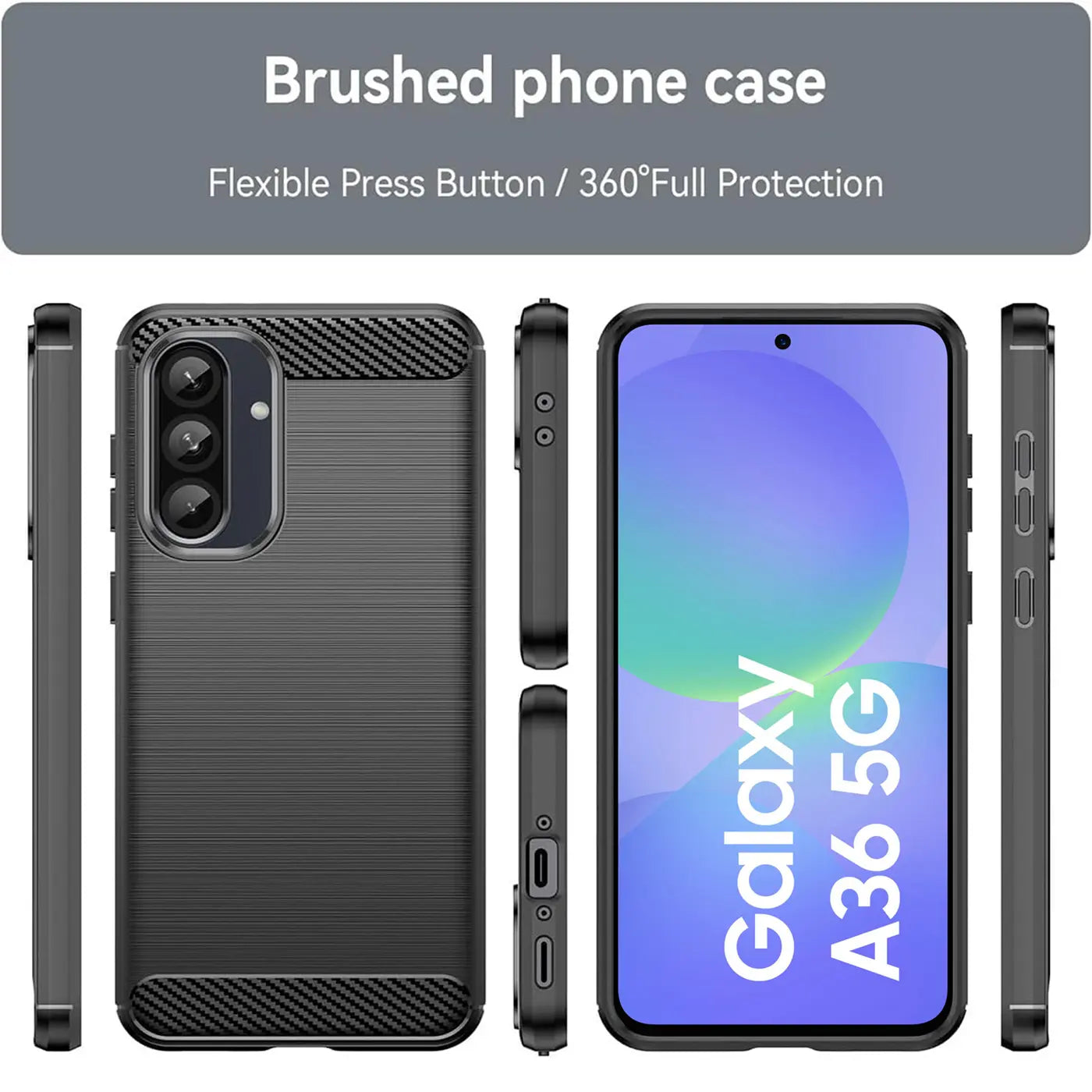 Schwarze Carbon-Hülle, verschiedene Ansichten, Samsung Galaxy A36 5G.