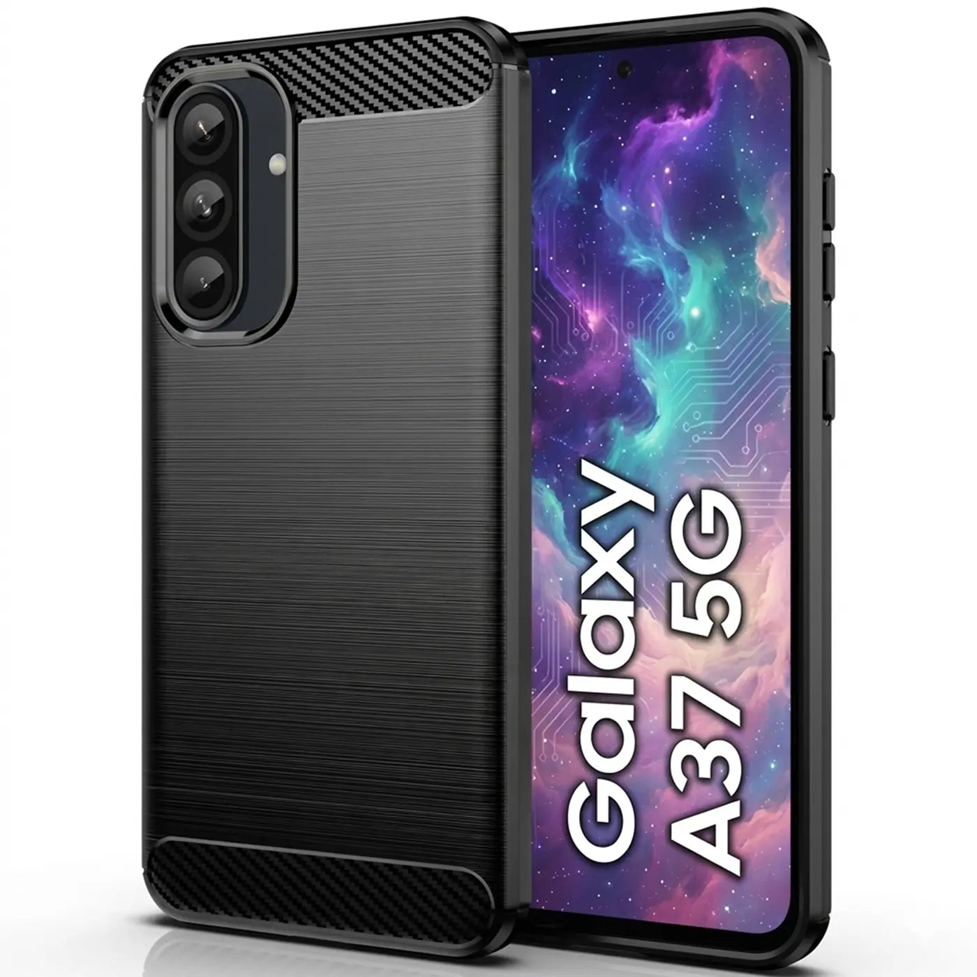 Schwarze Carbon-Hülle mit gebürsteter Oberfläche für Samsung Galaxy A37 5G, von vorne schräg