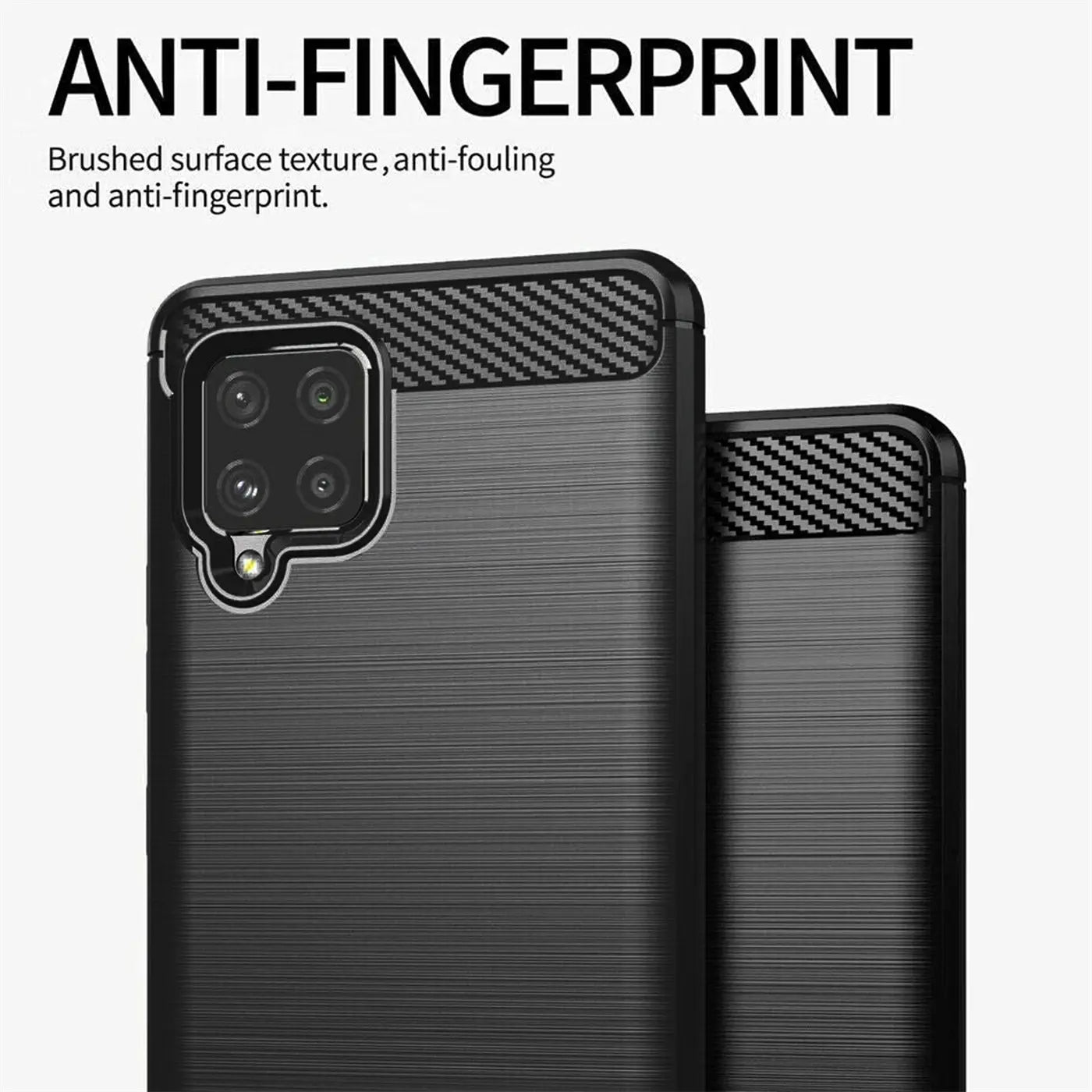 Schwarze Carbon-Hülle mit gebürsteter Textur, Vorderansicht, Samsung Galaxy A42 5G.