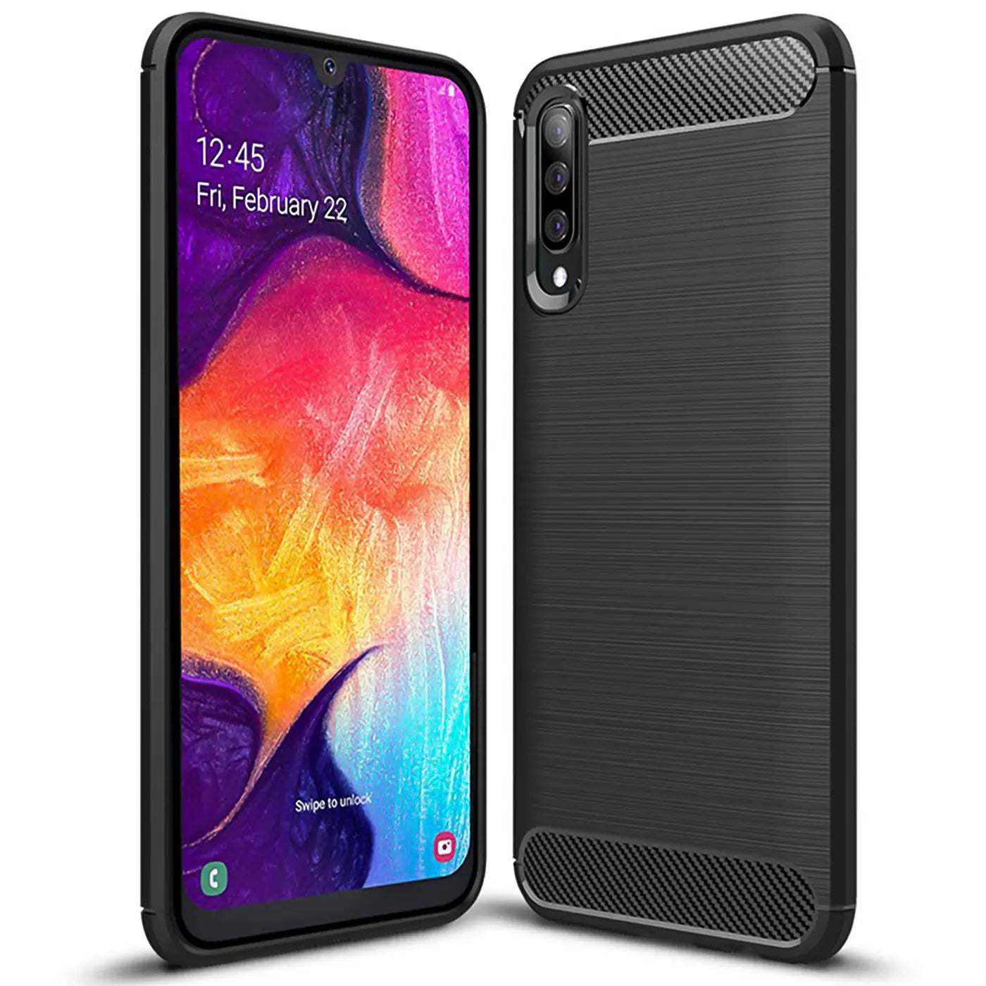 Schwarze Carbon-Hülle, von vorne und seitlich, mit Samsung Galaxy A50/A30s.