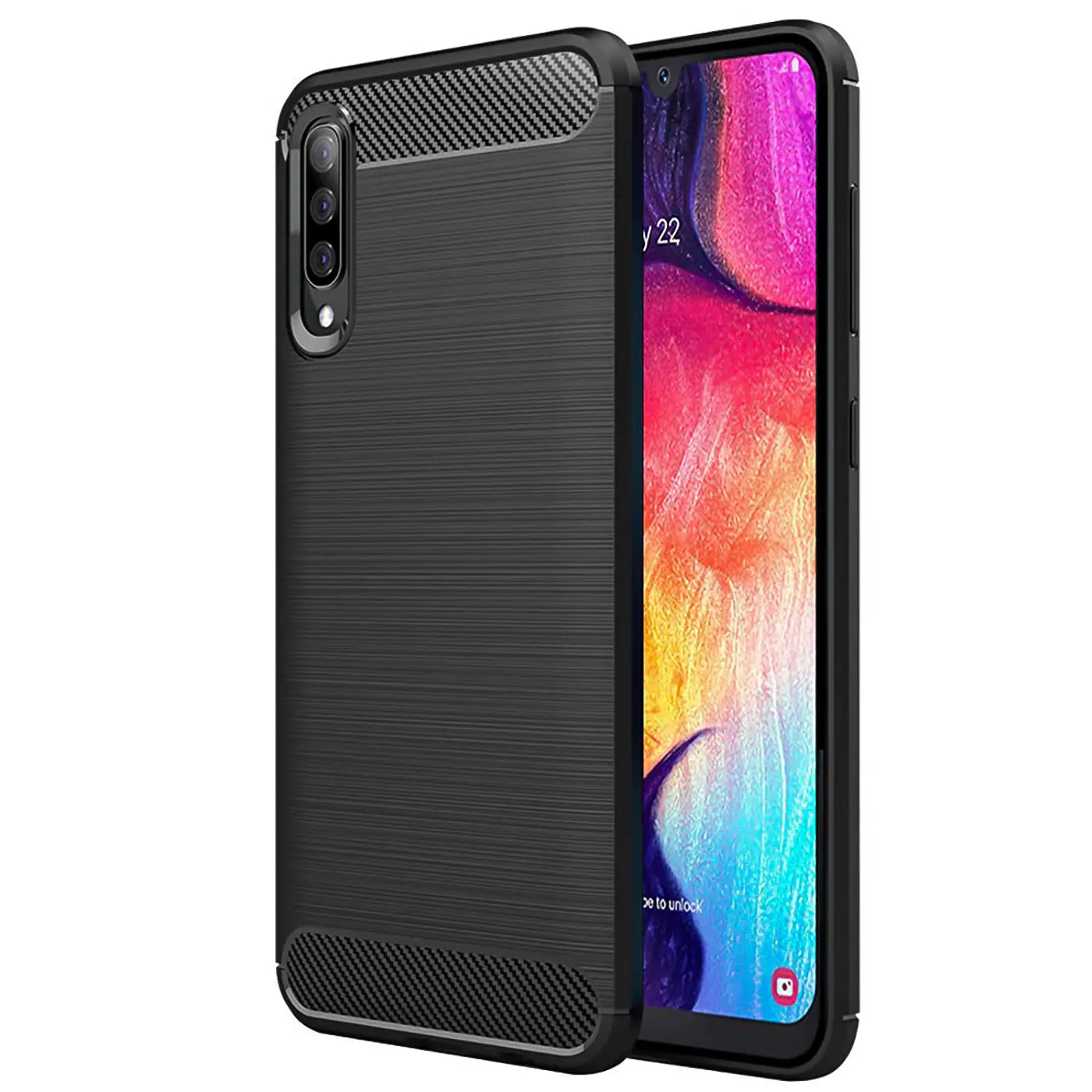 Schwarze Carbon-Hülle mit gebürsteter Textur, seitliche Ansicht, zeigt Samsung Galaxy A50/A30s.