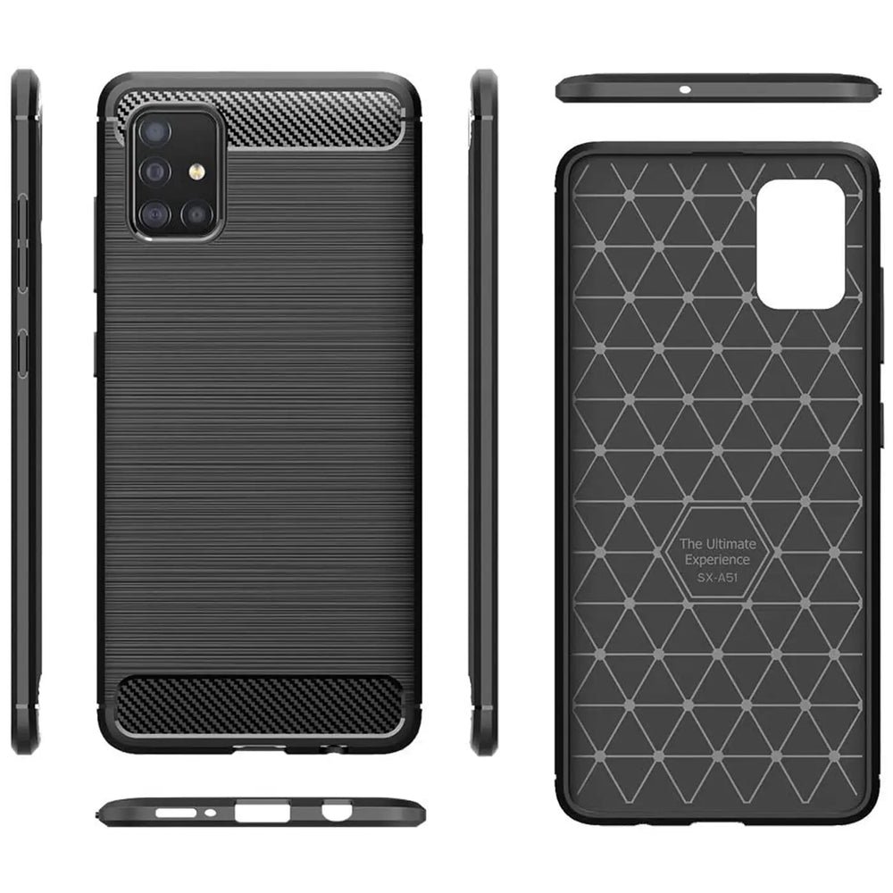 Schwarze Carbon-Hülle für Samsung Galaxy A51, Rück- und Seitenansicht, Stoßfest