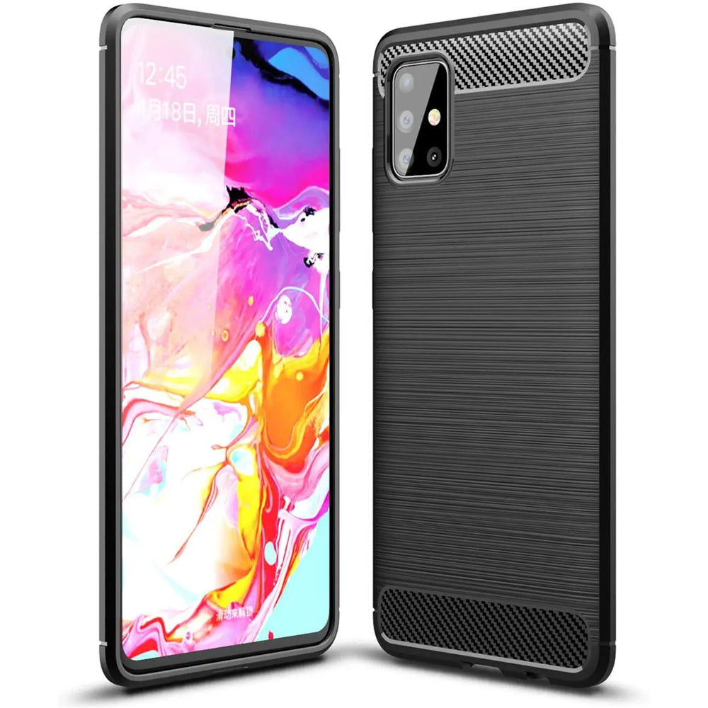 Schwarze Carbon-Hülle, von vorne und hinten, für Samsung Galaxy A51.