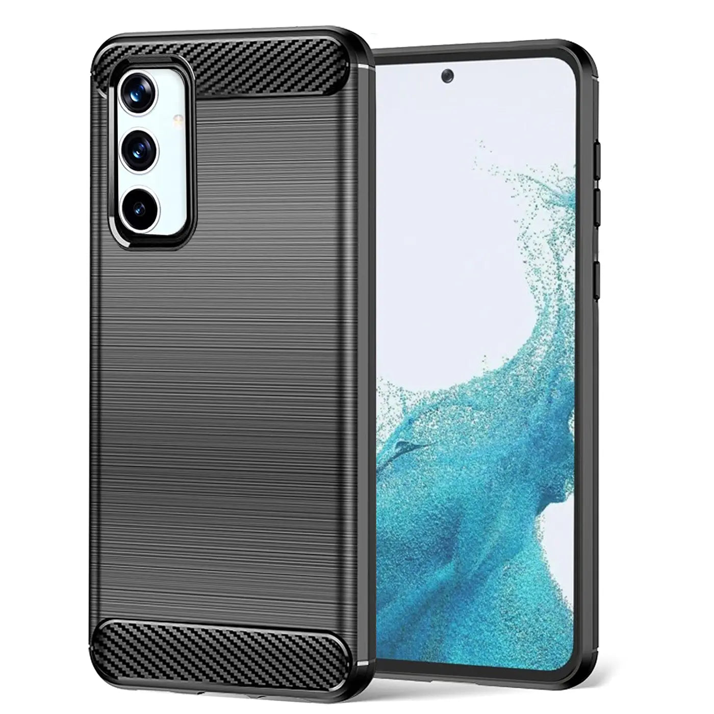 Dunkelgraue Carbon-Hülle mit gebürsteter Oberfläche für Samsung Galaxy A54 5G, von vorne.