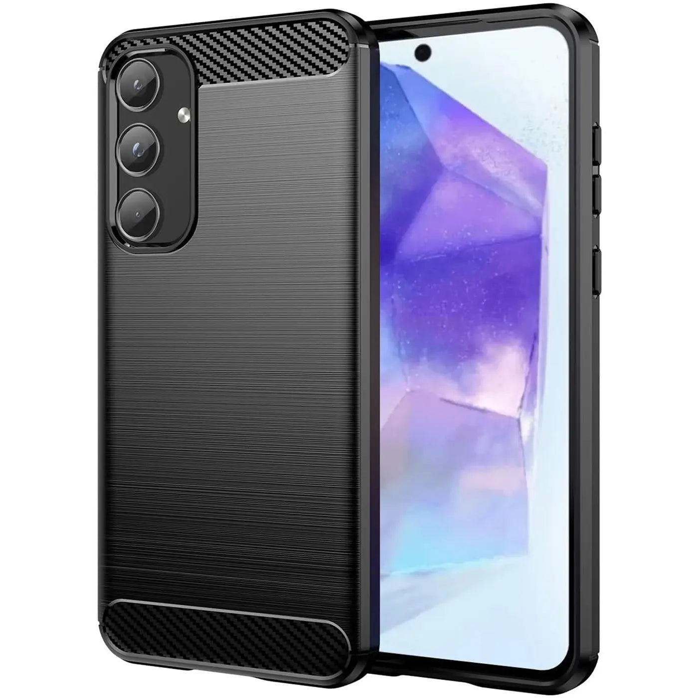 Schwarze Carbon-Hülle mit gebürsteter Oberfläche, seitliche Ansicht, zeigt Samsung Galaxy A55 5G.