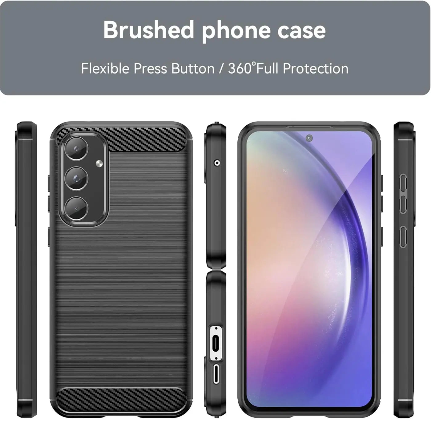 Schwarze Carbon-Hülle, verschiedene Ansichten, Samsung Galaxy A55 5G.