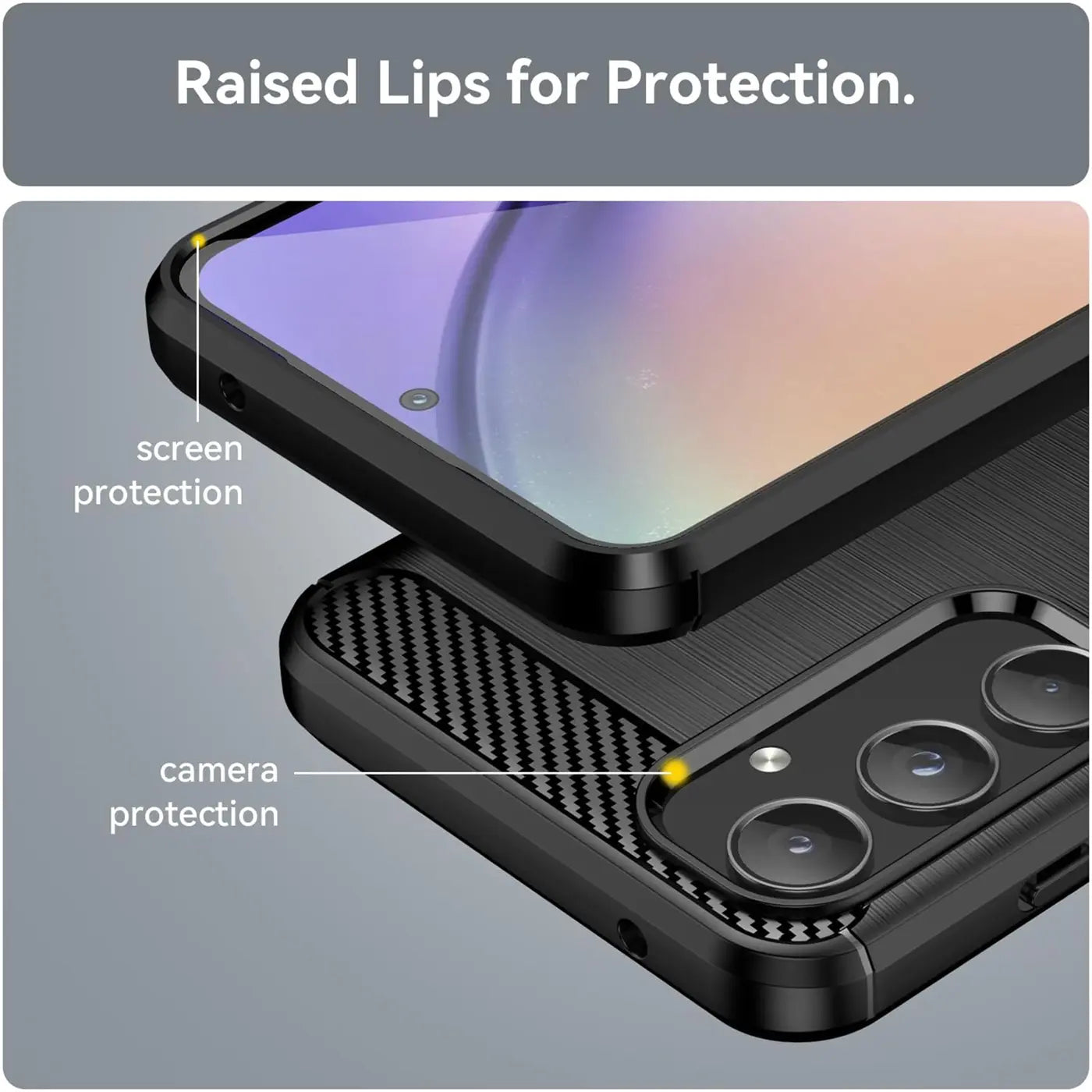 Schwarze Carbon-Hülle mit erhöhten Rändern für Samsung Galaxy A55 5G.
