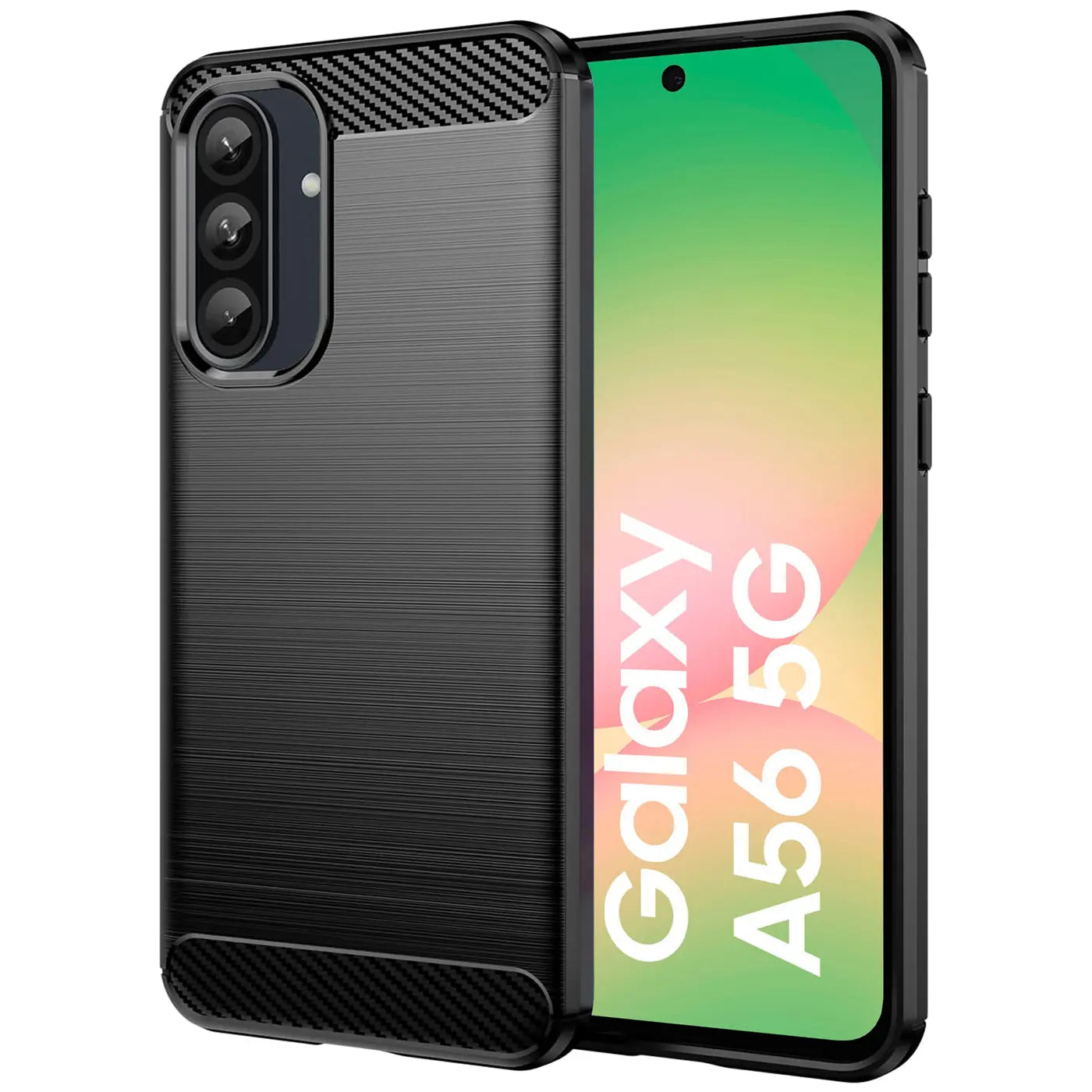 Schwarze Carbon-Hülle, seitliche Ansicht, zeigt Samsung Galaxy A56 5G.
