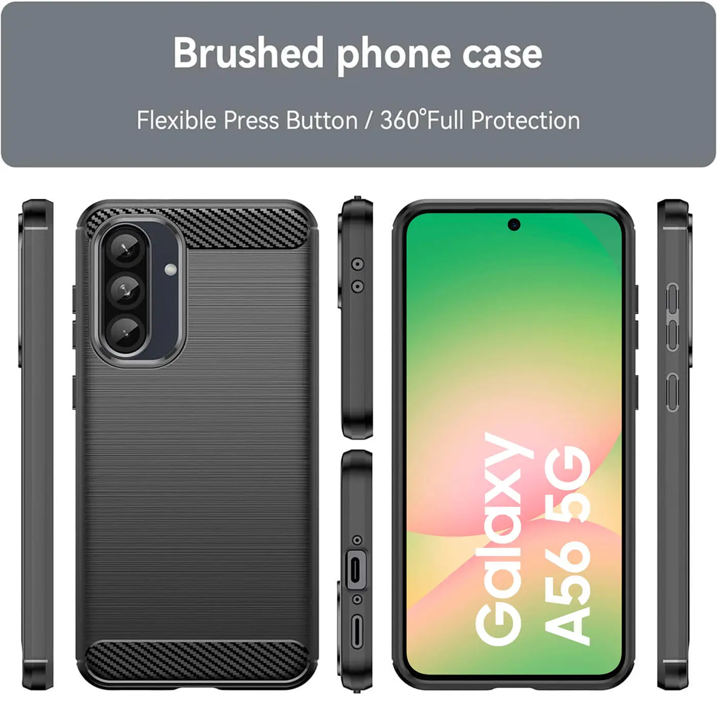 Schwarze Carbon-Hülle für Samsung Galaxy A56 5G, Ansichten von vorne, Seite, Rückseite.