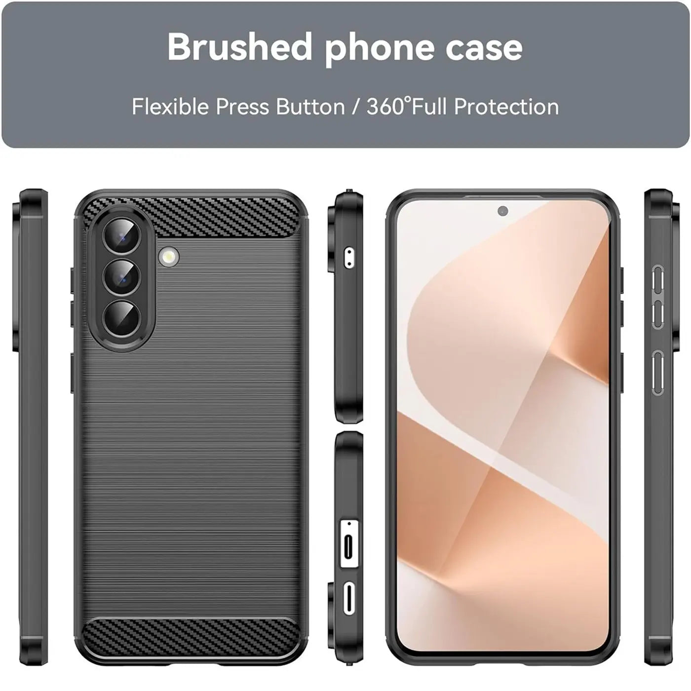 Dunkelgraue Carbon-Hülle, Vorder- und Seitenansichten, mit Samsung Galaxy A57 5G.