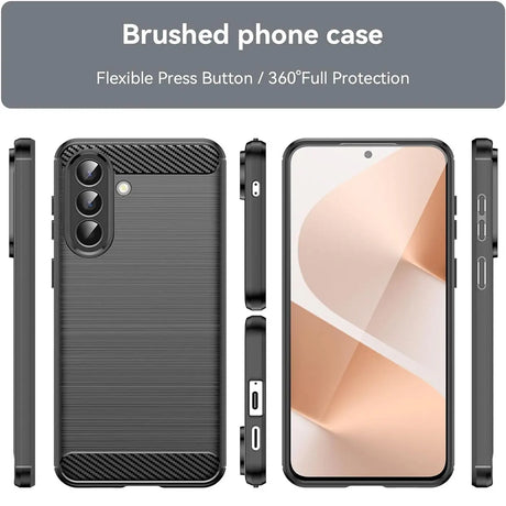 Dunkelgraue Carbon-Hülle, Vorder- und Seitenansichten, mit Samsung Galaxy A57 5G.