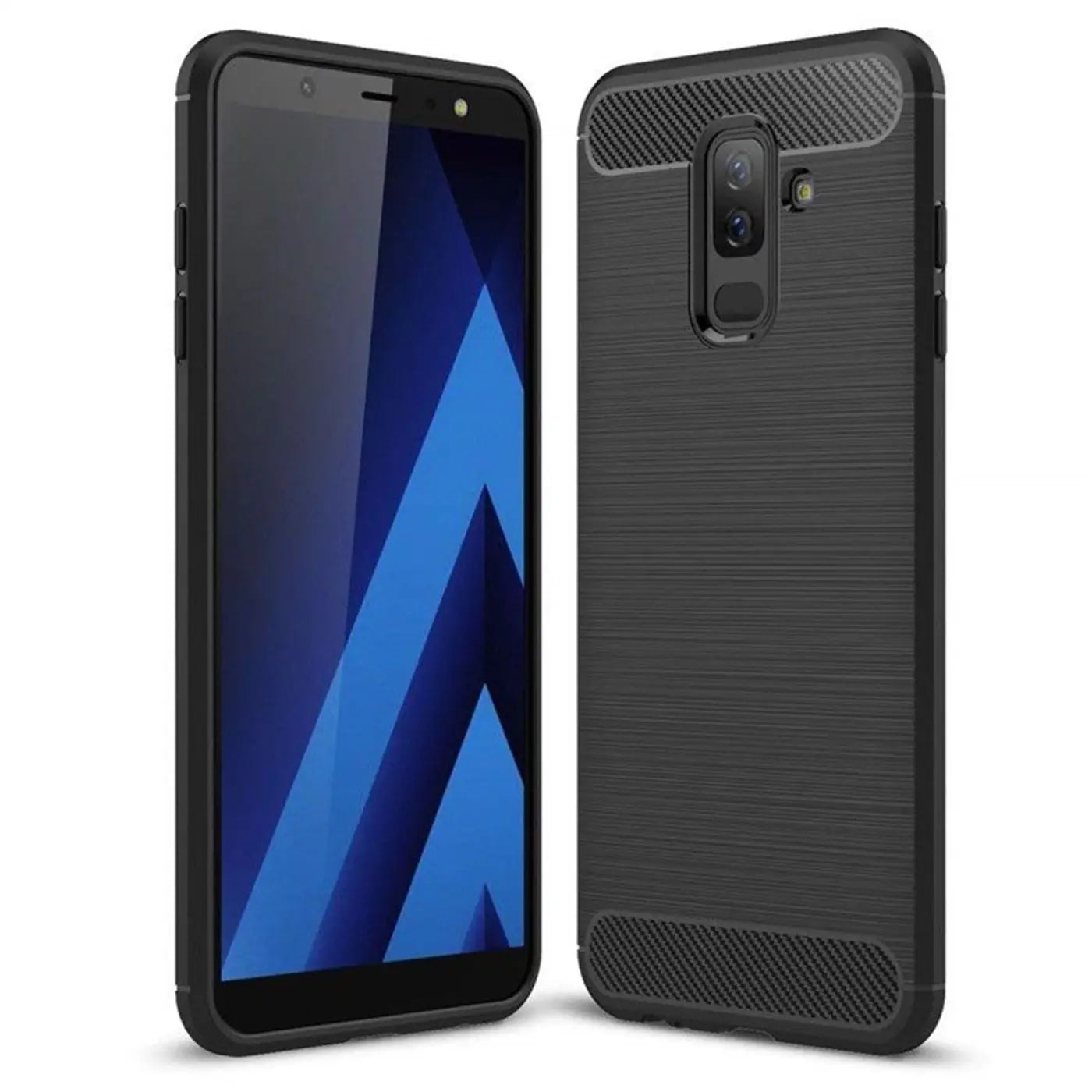 Schwarze Carbon-Hülle für Samsung Galaxy A8 Plus 2018, von vorne und hinten gezeigt.