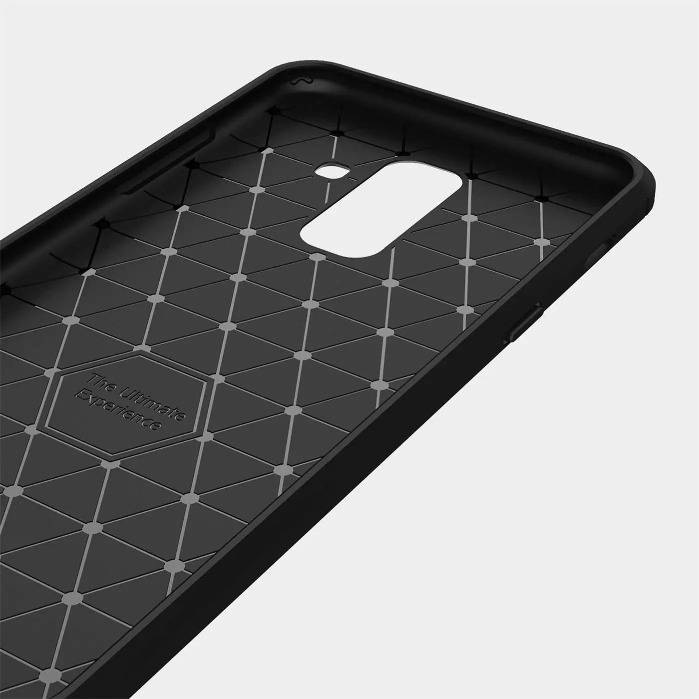 Schwarze Carbon-Hülle, Innenansicht, geometrisches Muster, Ausschnitt für Kamera.