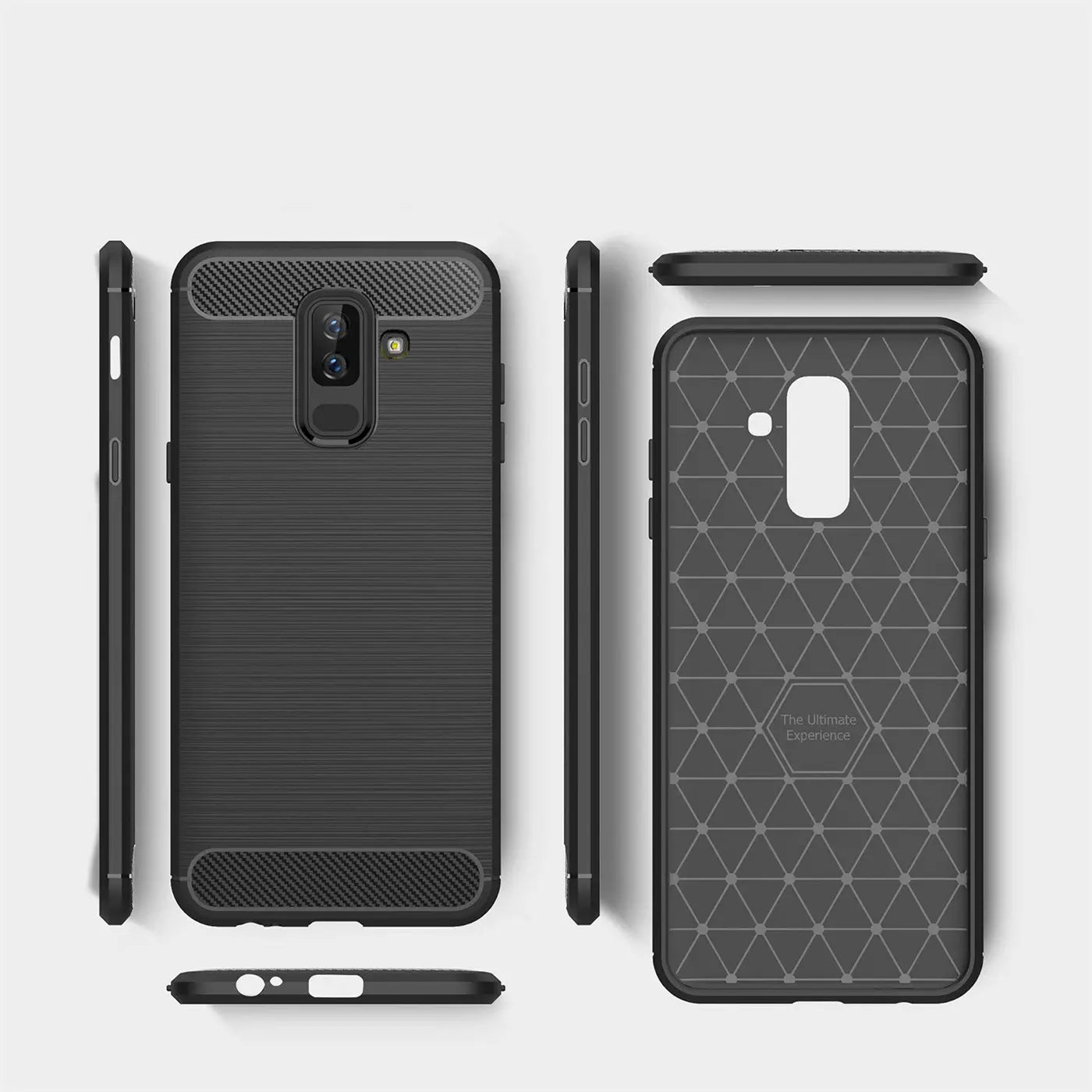Schwarze Carbon-Hülle, Rückseite und Seitenansicht, für Samsung Galaxy A8 Plus 2018.