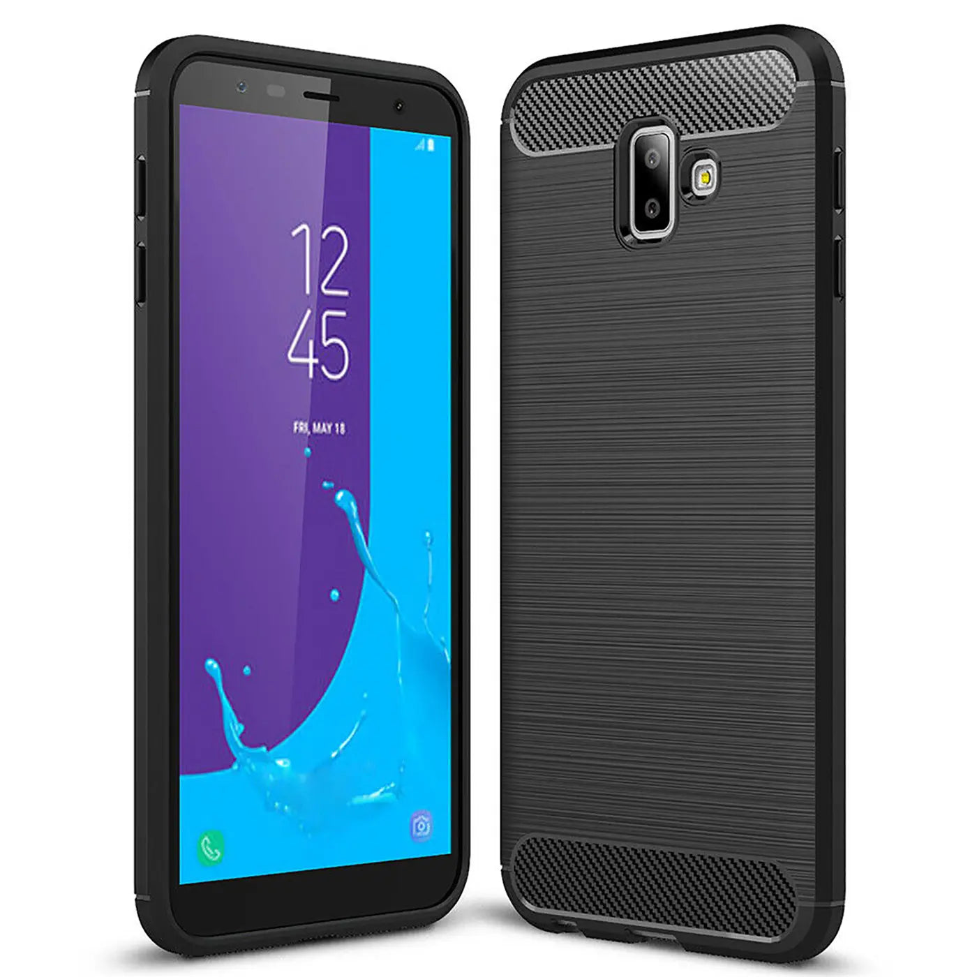 Schwarze Carbon-Hülle für Samsung Galaxy J6 Plus, von vorne und hinten gezeigt.