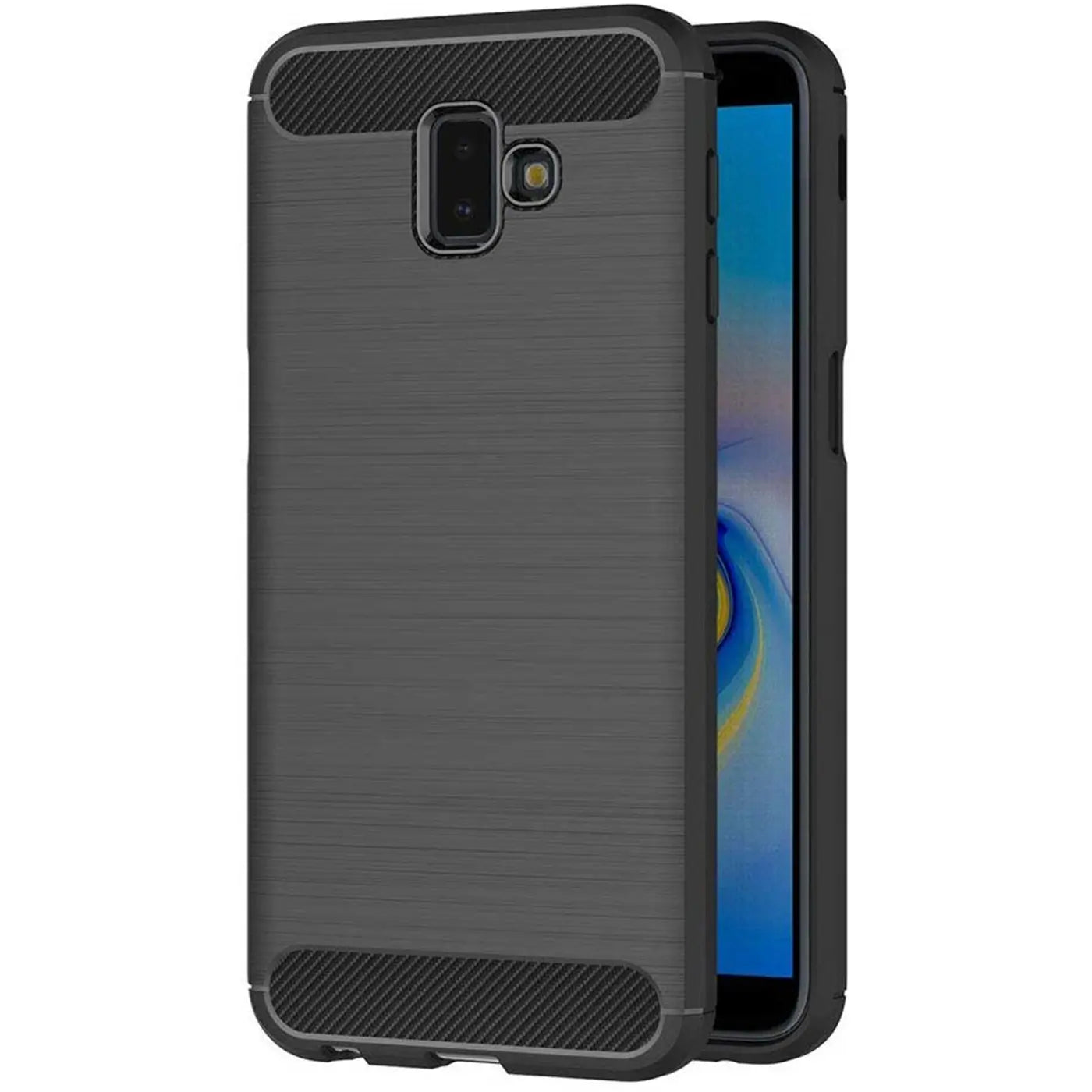 Dunkelgraue Carbon-Hülle für Samsung Galaxy J6 Plus, von vorne, mitettivo auf das Handy