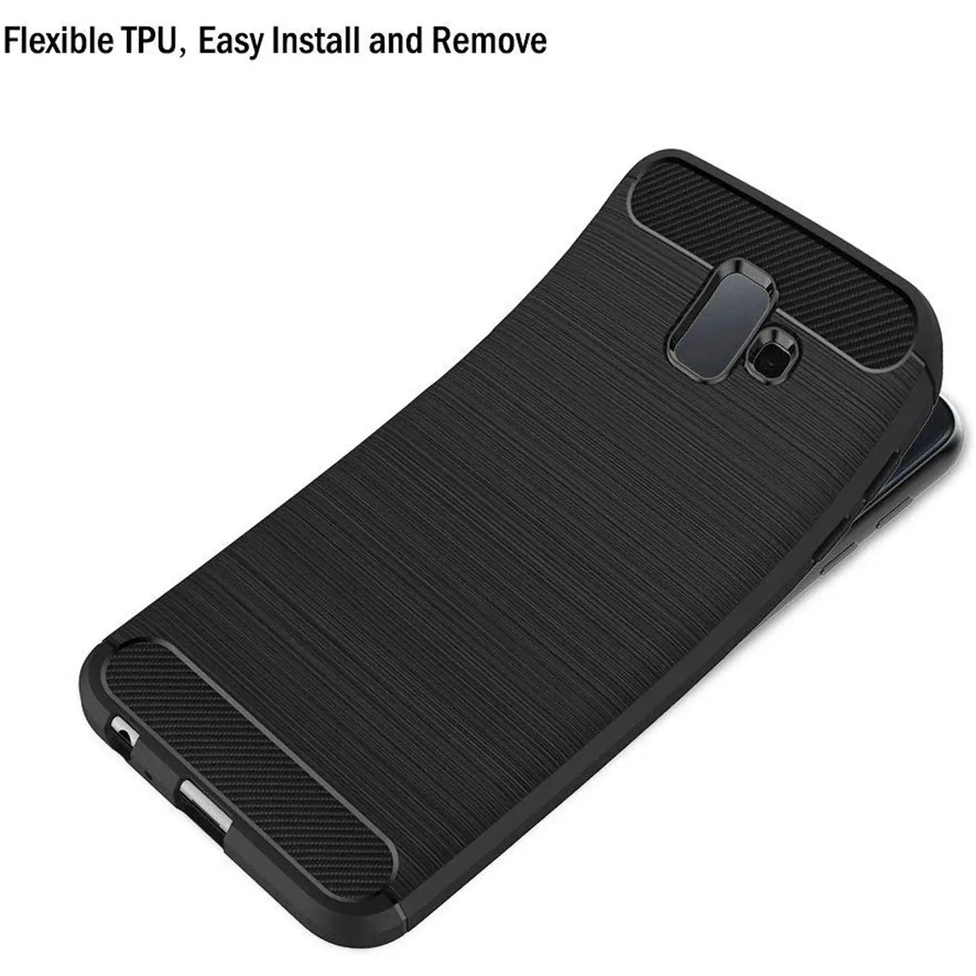 Schwarze Carbon-Hülle für Samsung Galaxy J6 Plus, von oben rechts betrachtet.