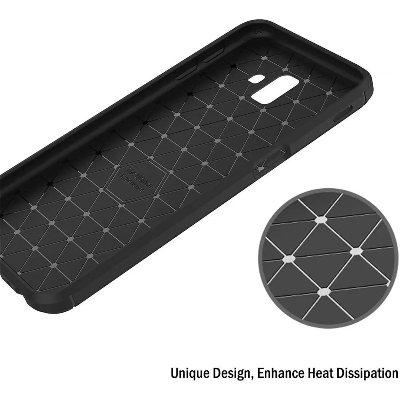 Schwarze Carbon-Hülle, Innenansicht, mit Rautenmuster, für Samsung Galaxy J6 Plus.