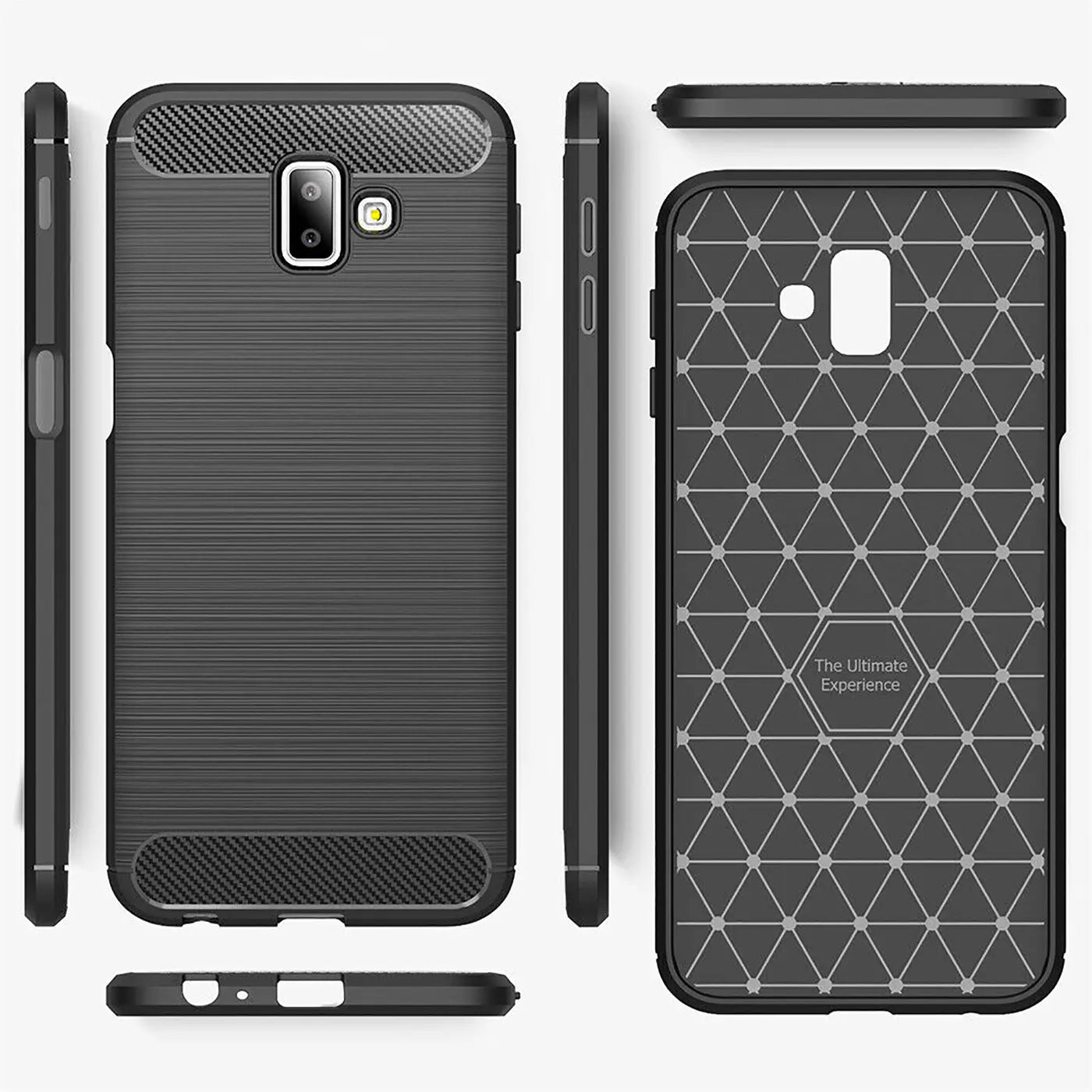Schwarze Carbon-Hülle für Samsung Galaxy J6 Plus, von vorne, Seite, Rückseite & unten gezeigt