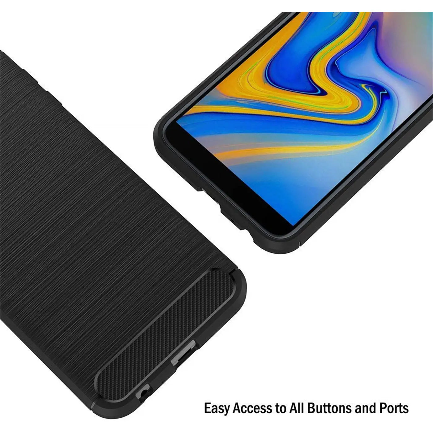 Schwarze Carbon-Hülle mit gebürsteter Textur, Nahaufnahme, Samsung Galaxy J6 Plus.