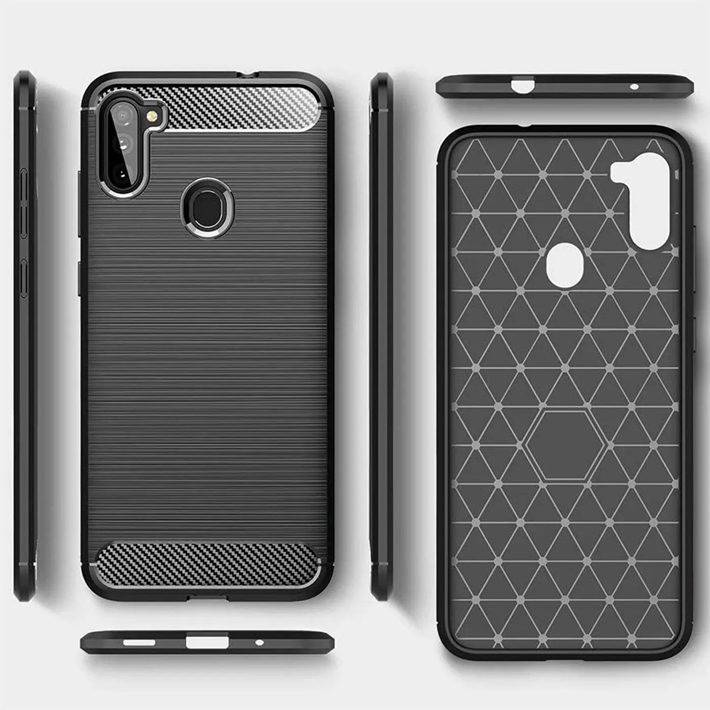Schwarze Carbon-Hülle für Samsung Galaxy M11, von vorne, Seite, Rückseite, unten.