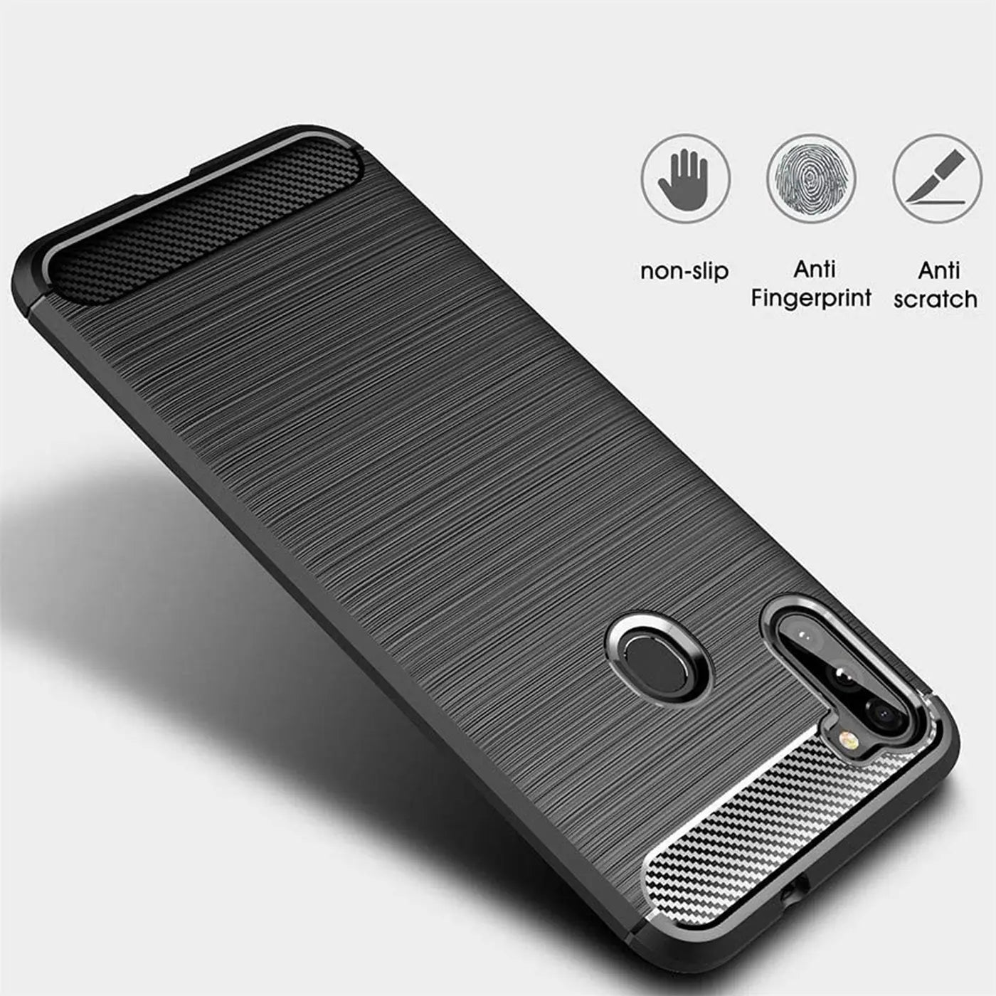 Schwarze Carbon-Hülle mit gebürsteter Oberfläche, von schräg oben, für Samsung Galaxy M11.