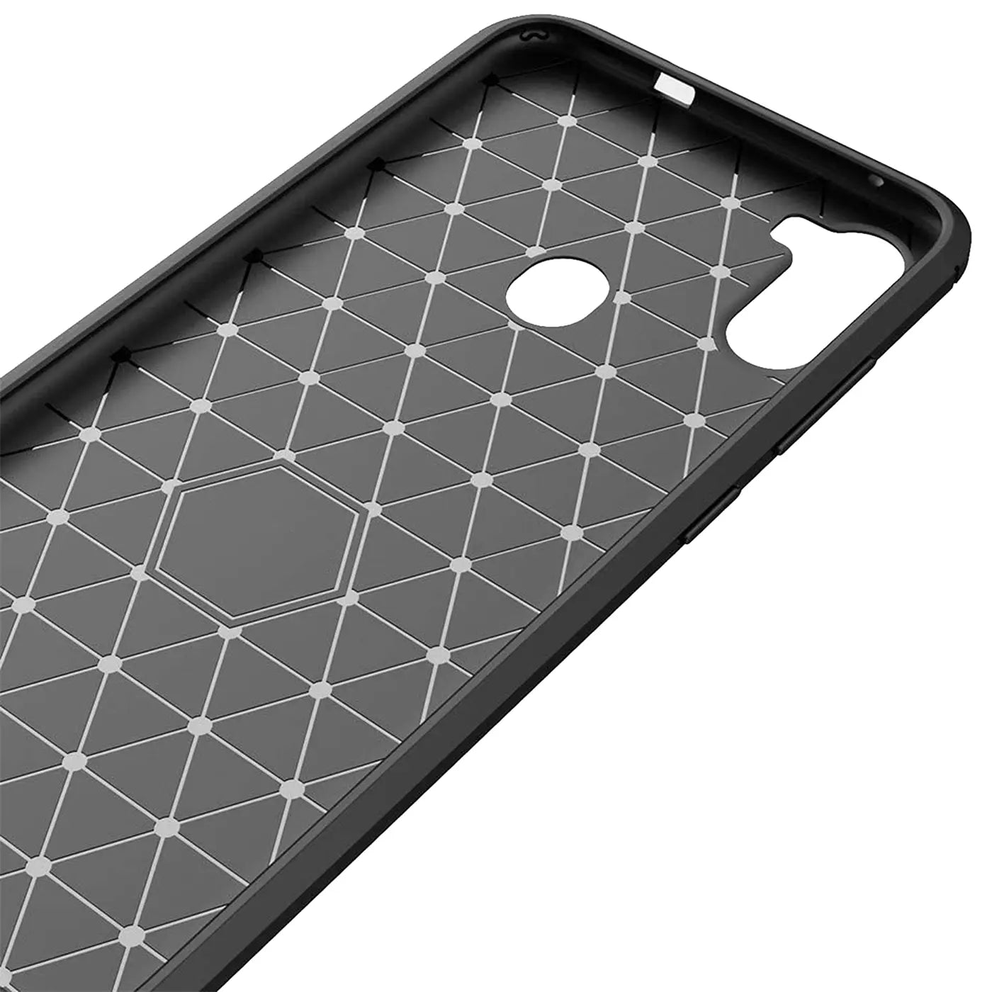 Schwarze Carbon-Hülle, Innenseite mit Gittermuster, für Samsung Galaxy M11.