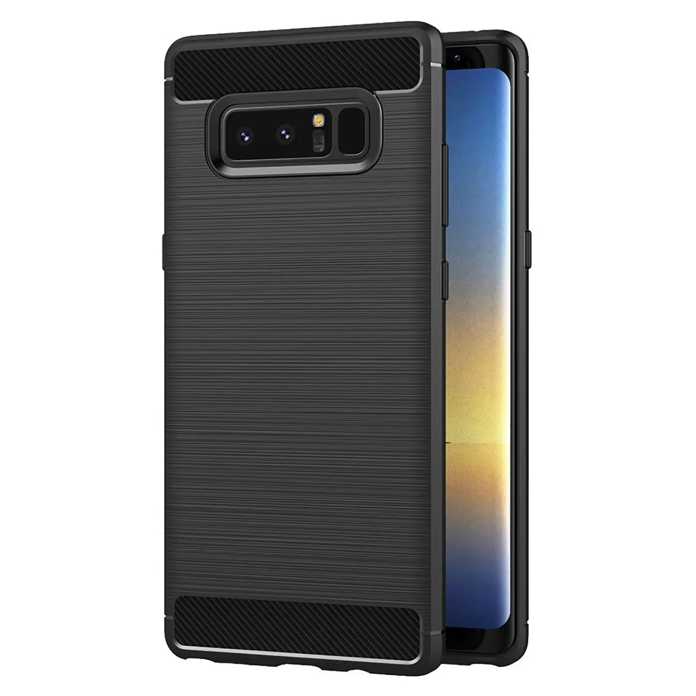 Schwarze Carbon-Hülle mit gebürsteter Textur, seitliche Ansicht, zeigt Samsung Galaxy Note 8.