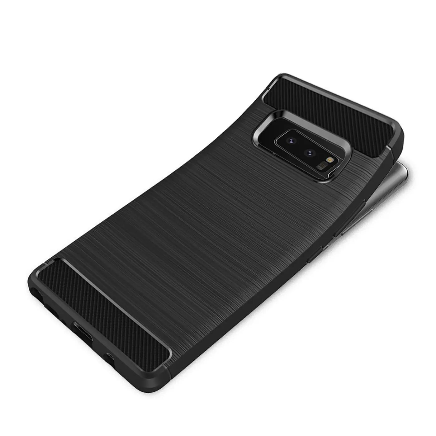 Schwarze Carbon-Hülle für Samsung Galaxy Note 8, von oben schräg fotografiert.