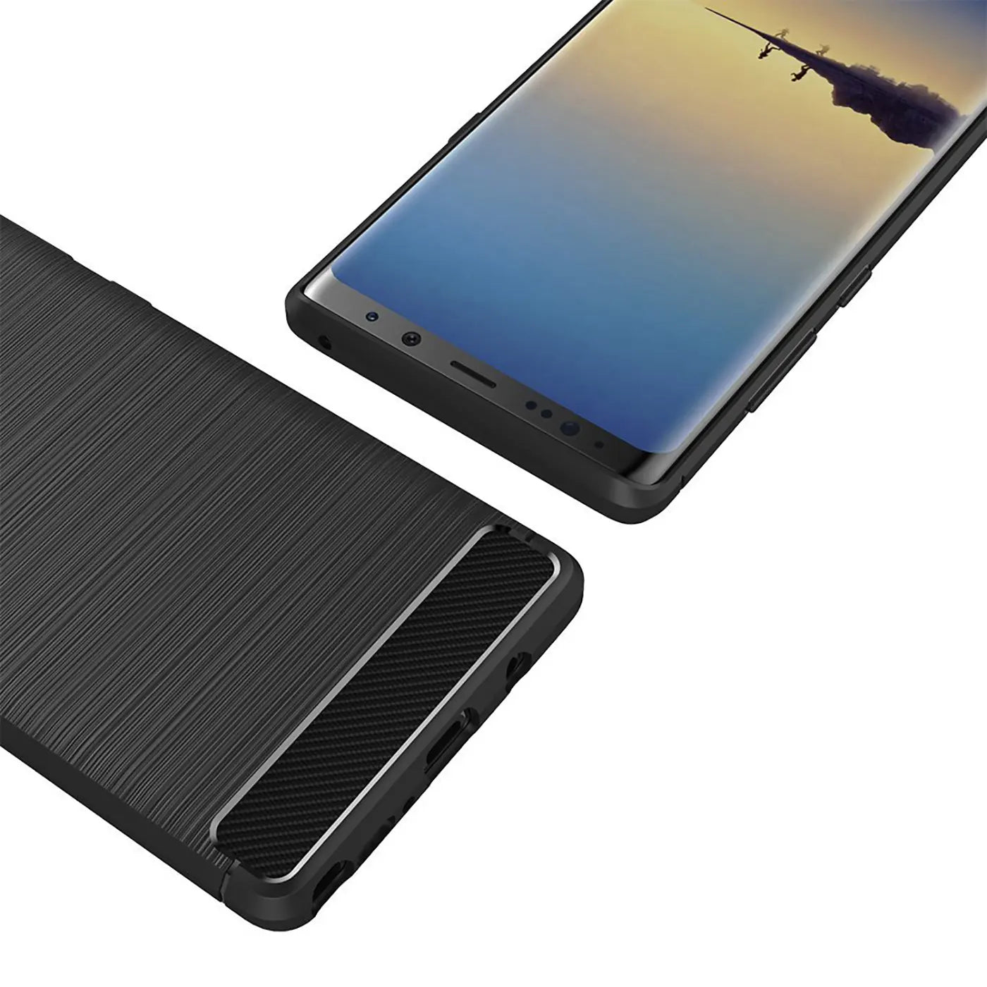 Schwarze Carbon-Hülle mit gebürsteter Textur für Samsung Galaxy Note 8, von oben rechts gezeigt.