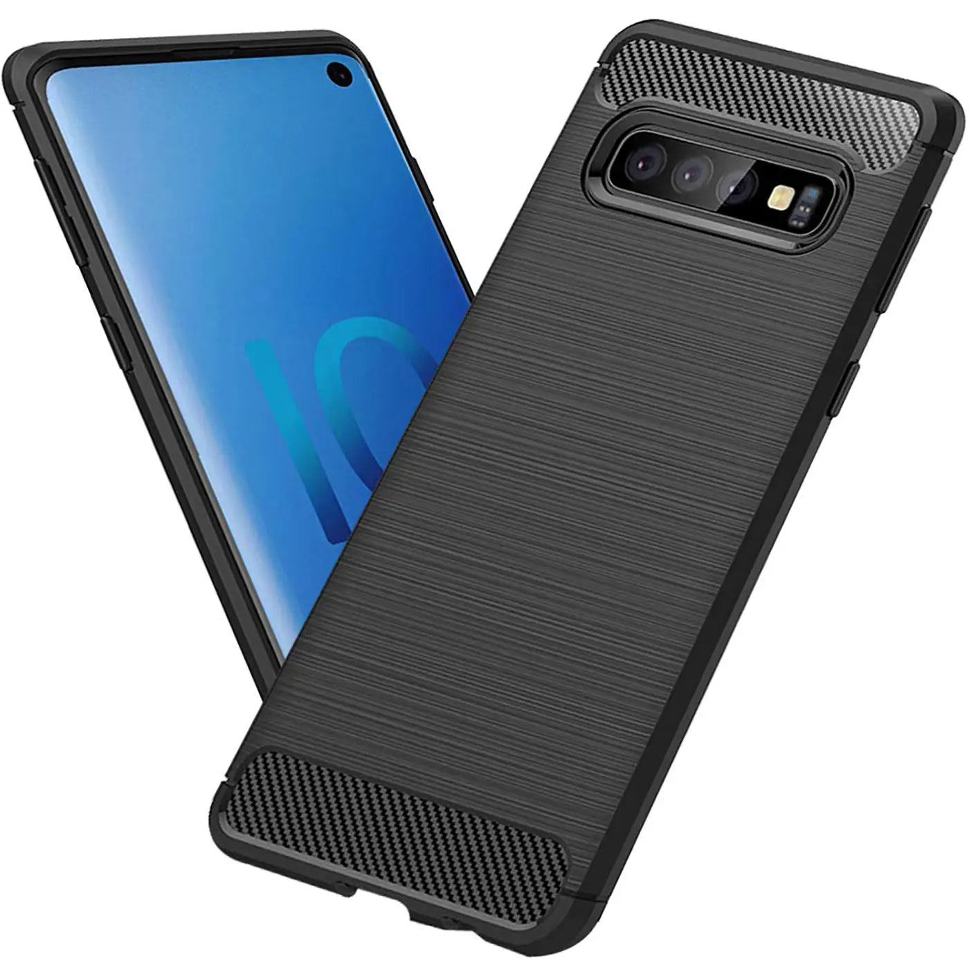 Schwarze Carbon-Hülle mit gebürsteter Textur auf Samsung S10 Plus, von schräg oben