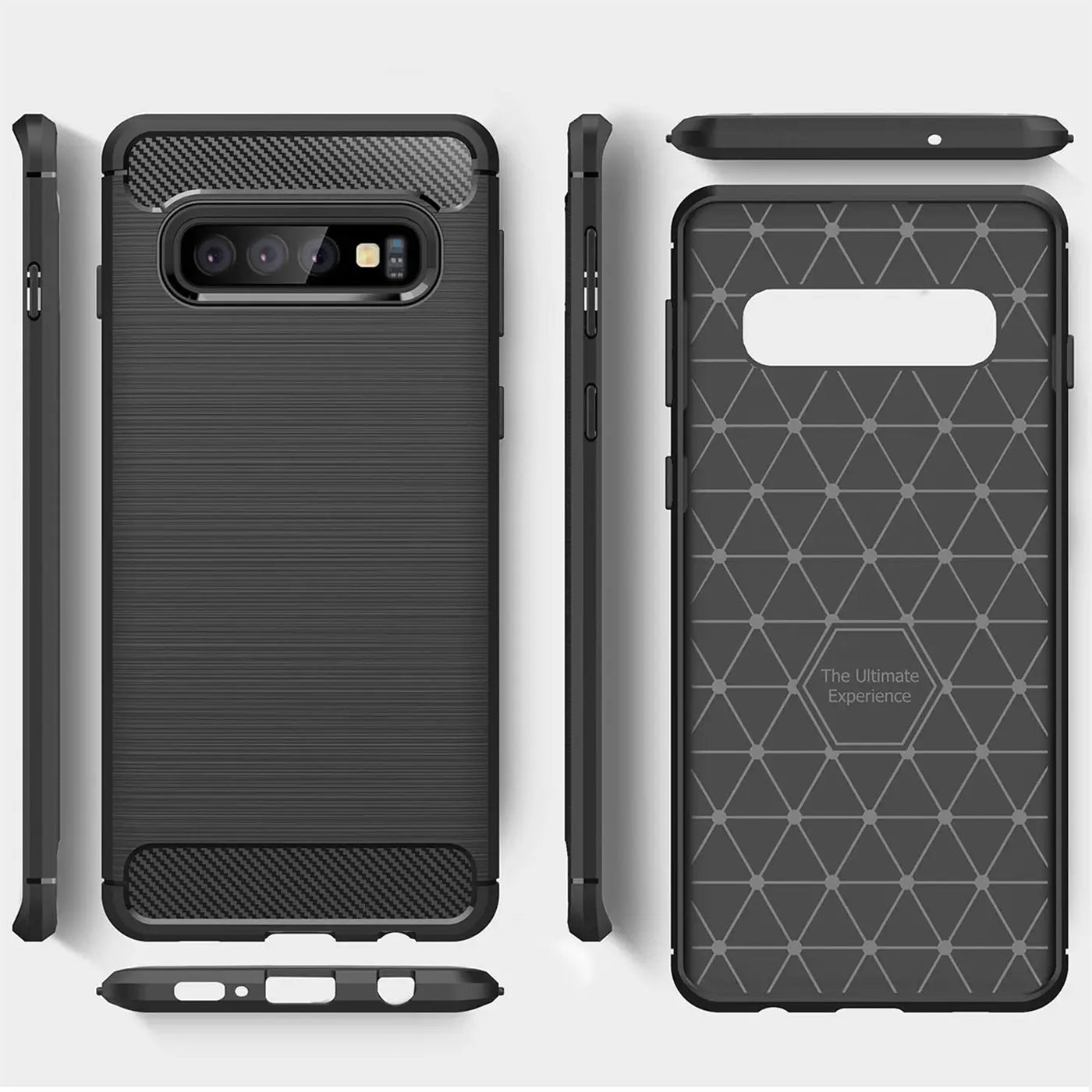 Schwarze Carbon-Hülle für Samsung Galaxy S10 Plus, Vorder- und Rückansicht, von der Seite