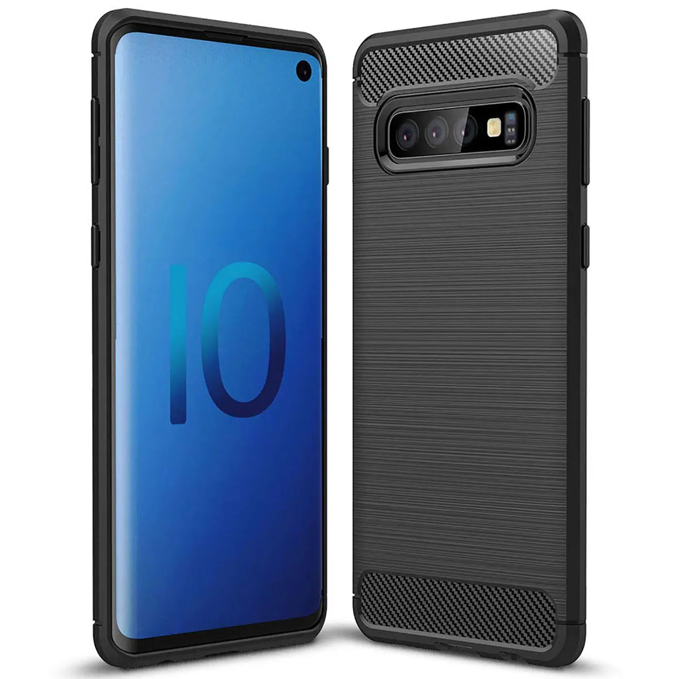 Schwarze Carbon-Hülle für Samsung Galaxy S10, Vorder- und Rückansicht, Stoßfest