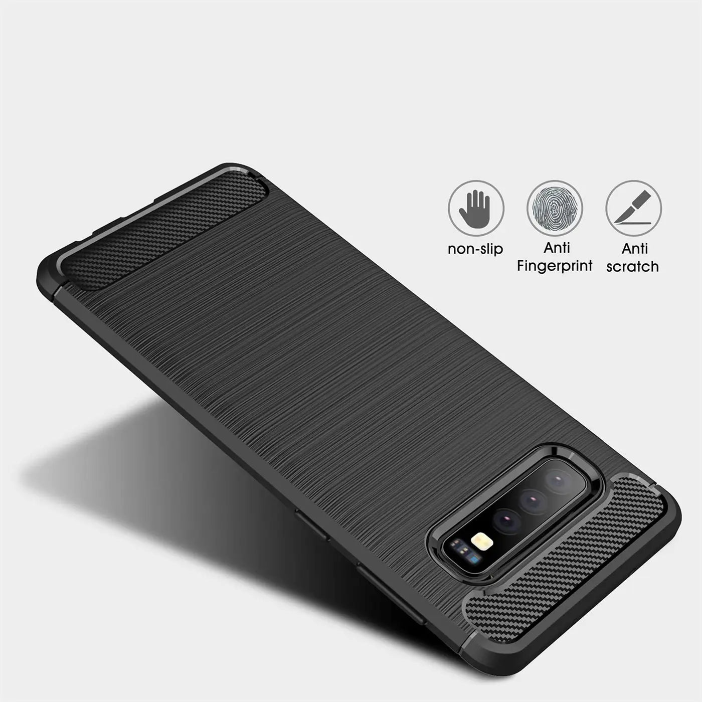 Schwarze Carbon-Hülle für Samsung Galaxy S10, von oben rechts gesehen, mit Kamerasicht.