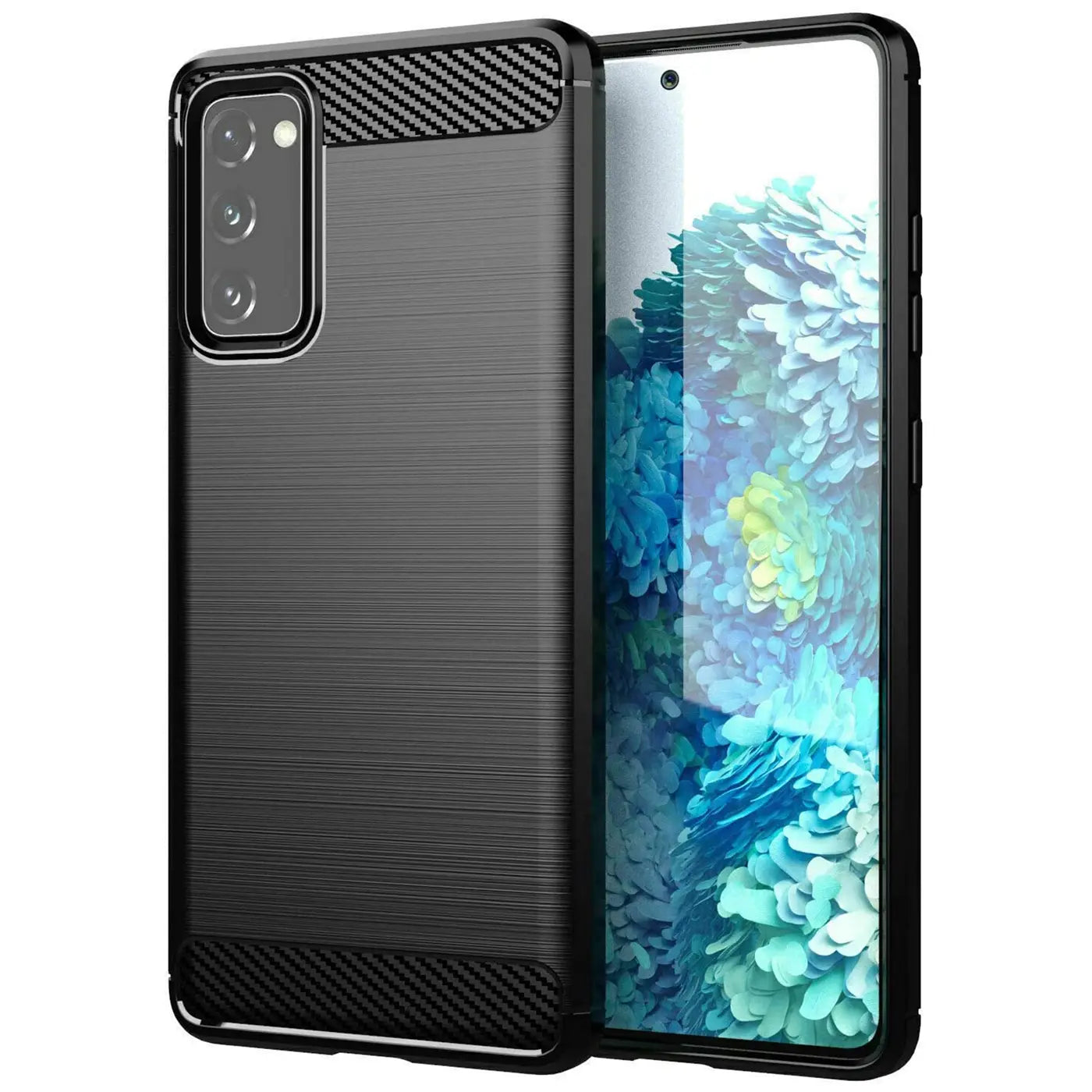Schwarze Carbon-Hülle mit gebürsteter Oberfläche für Samsung Galaxy S20 FE, von vorne links gezeigt.