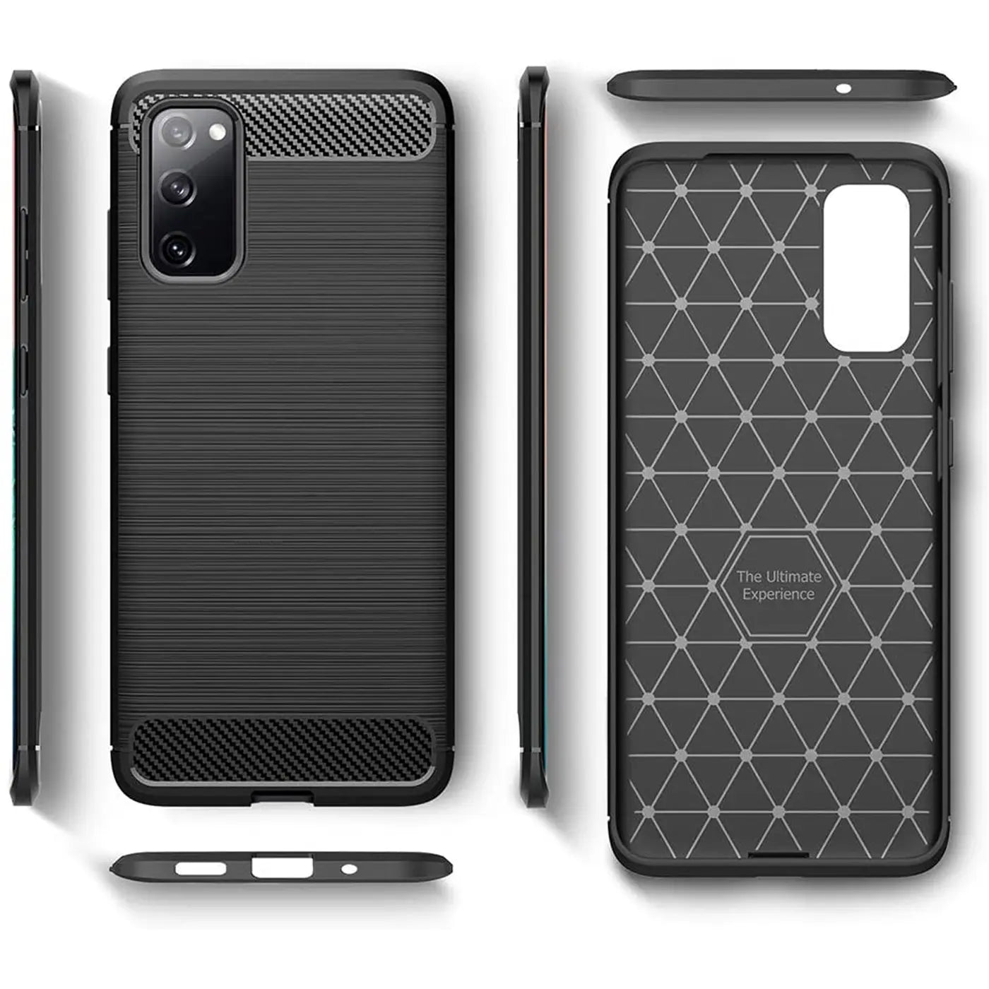 Schwarze Carbon-Hülle für Samsung S20 FE, Rück- und Seitenansicht, Innenseite mit Dreiecksmuster.