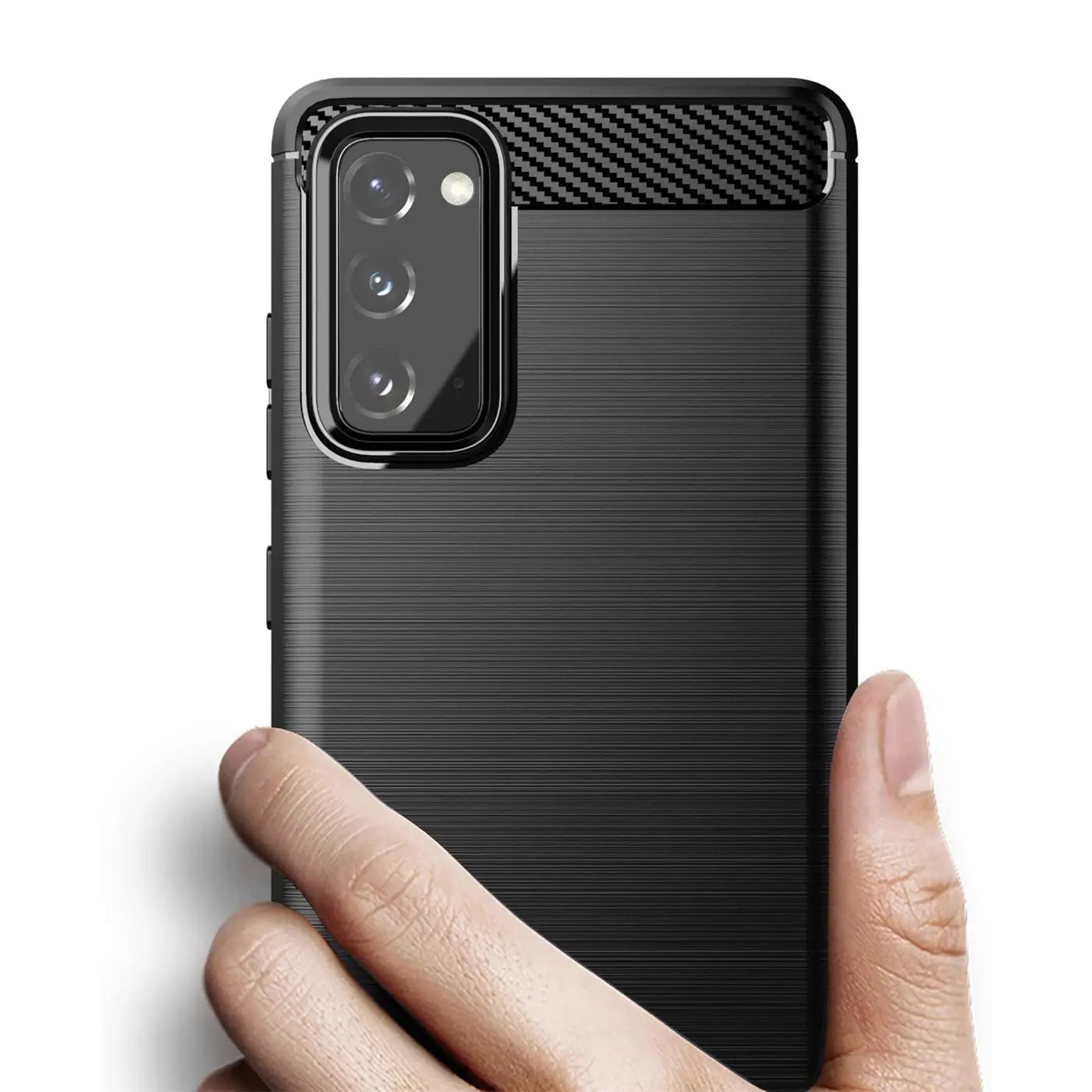Schwarze Carbon-Hülle mit gebürstetem Finish, Nahaufnahme, zeigt Rückseite Samsung Galaxy S20 FE