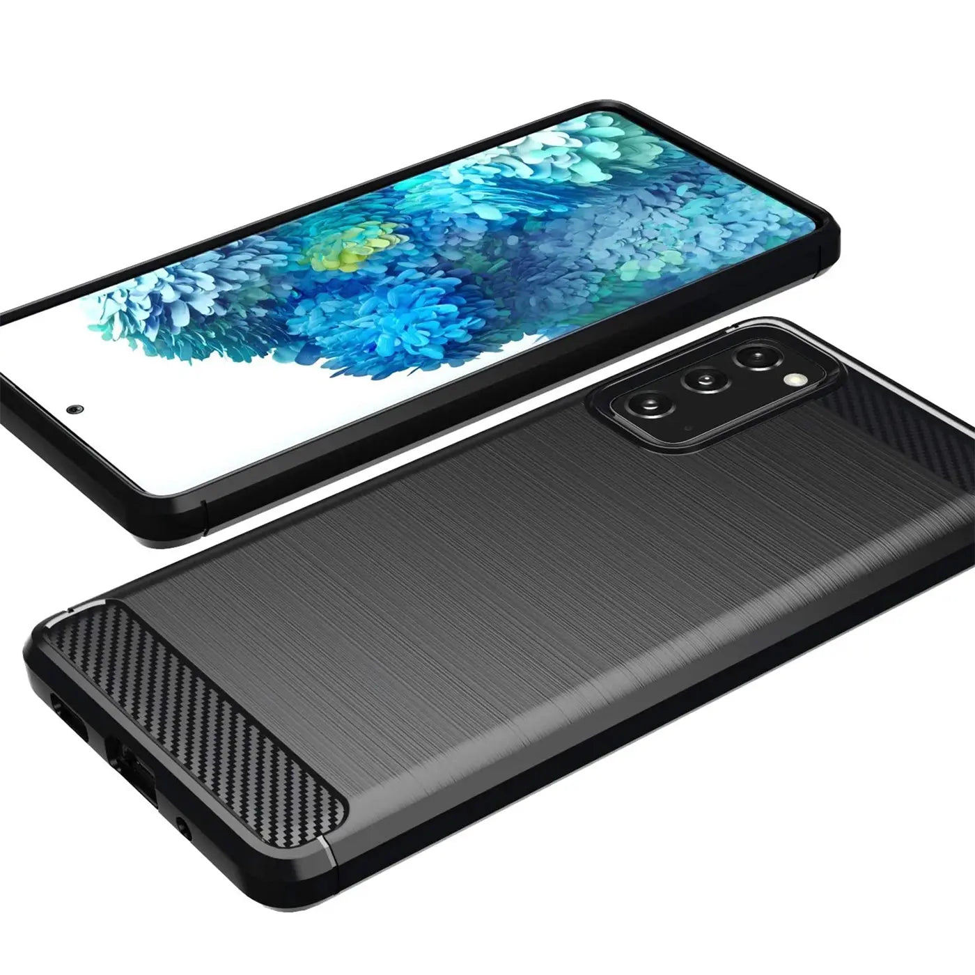 Samsung S20 FE Hülle, schwarz, Carbon-Optik, von schräg oben, stoßfest