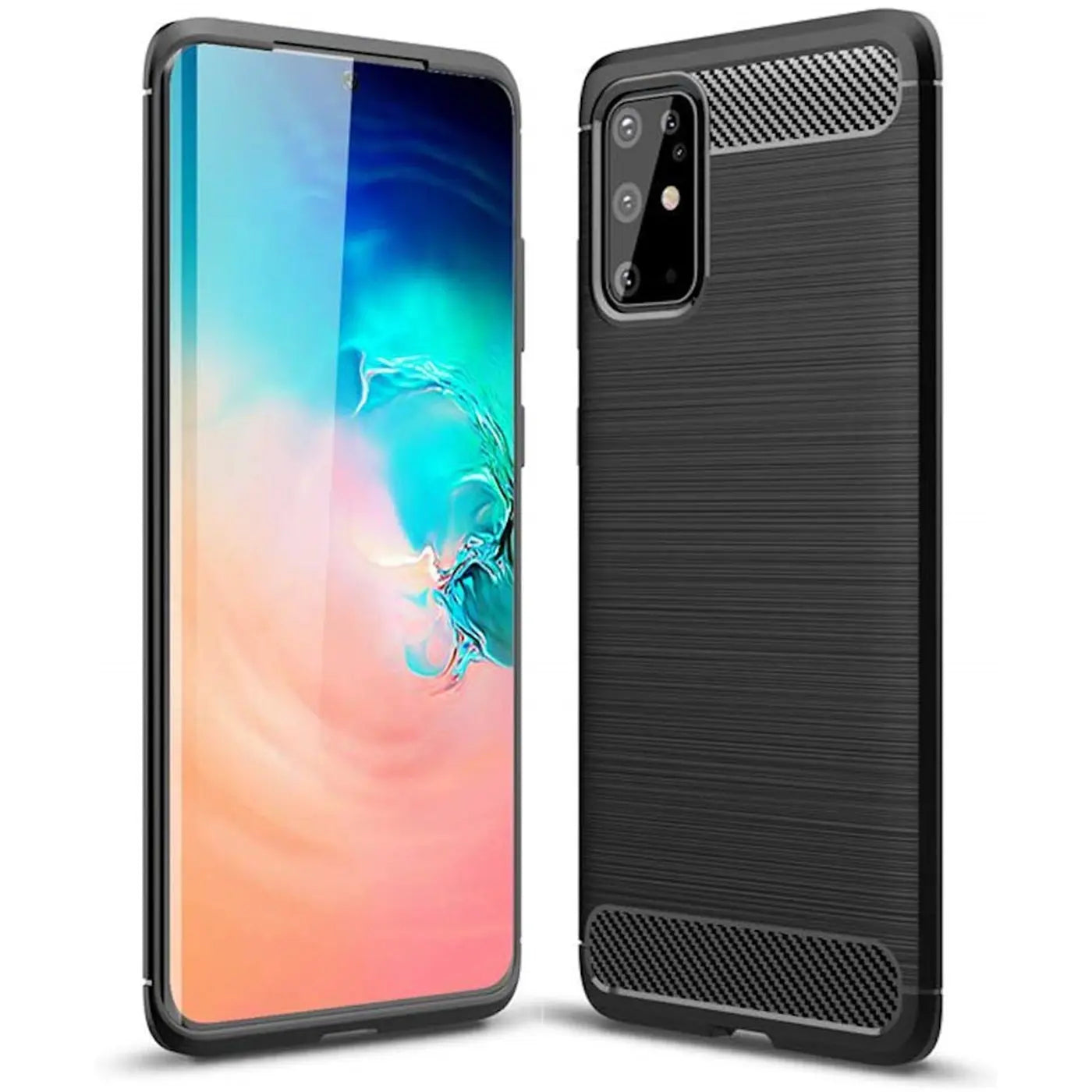 Schwarze Carbon-Hülle für Samsung Galaxy S20 Plus, von vorne und hinten gezeigt