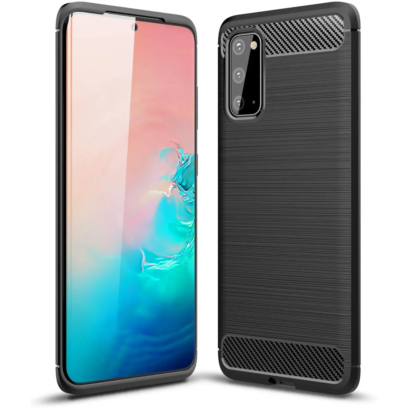 Schwarze Carbon-Hülle mit gebürsteter Textur, Vorder- und Rückansicht, zeigt Samsung Galaxy S20.