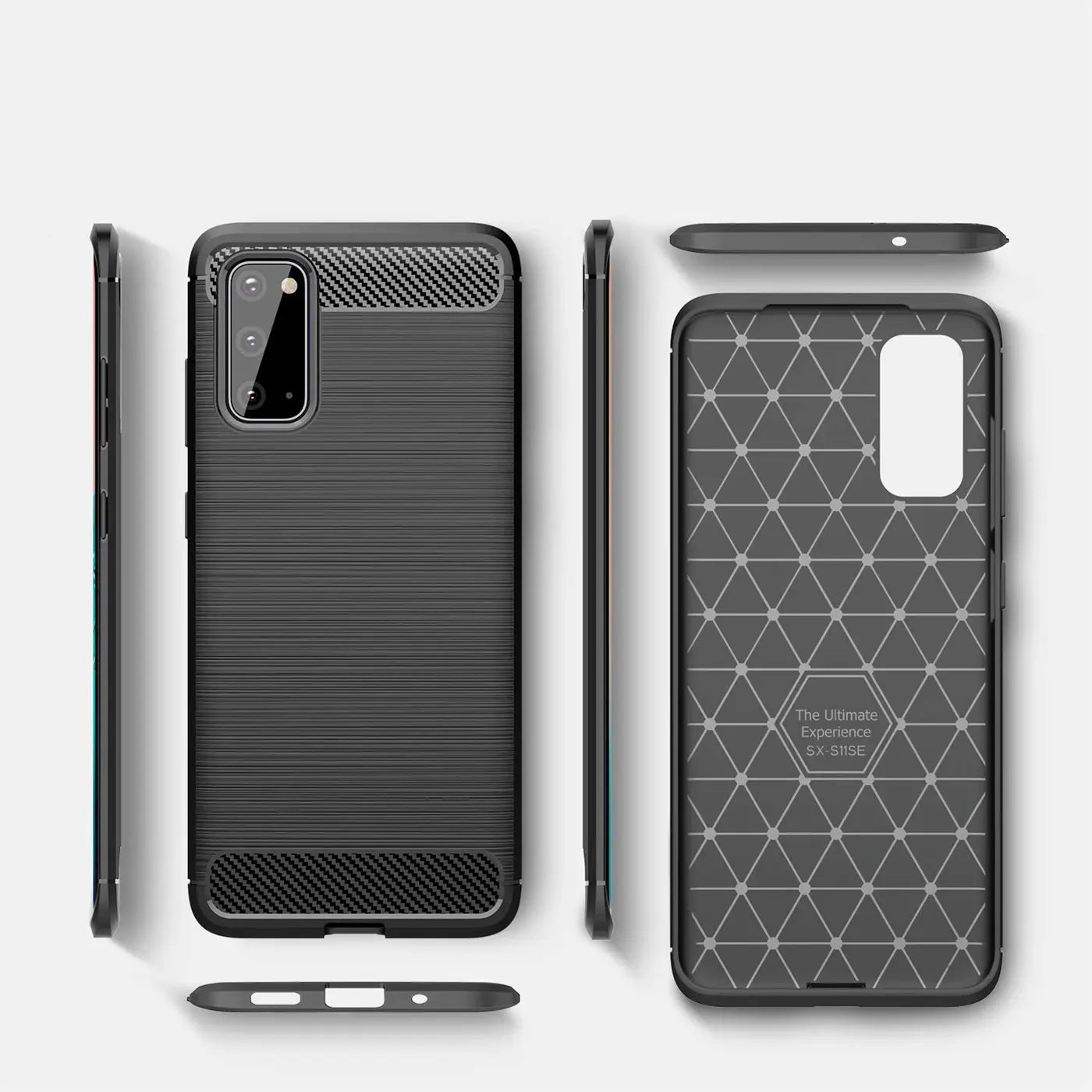 Schwarze Carbon-Hülle, Vorder- und Rückansicht, für Samsung Galaxy S20.